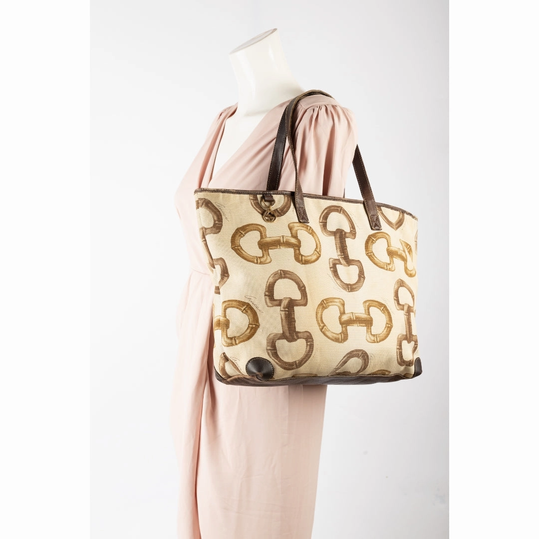 Gucci Bamboo Horsebit Print Canvas Tote Bag