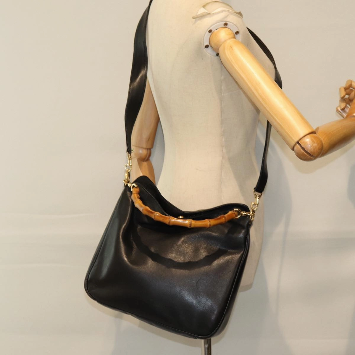 GUCCI Bamboo Shoulder Bag Leather 2way Black 001 1998 1638  73901