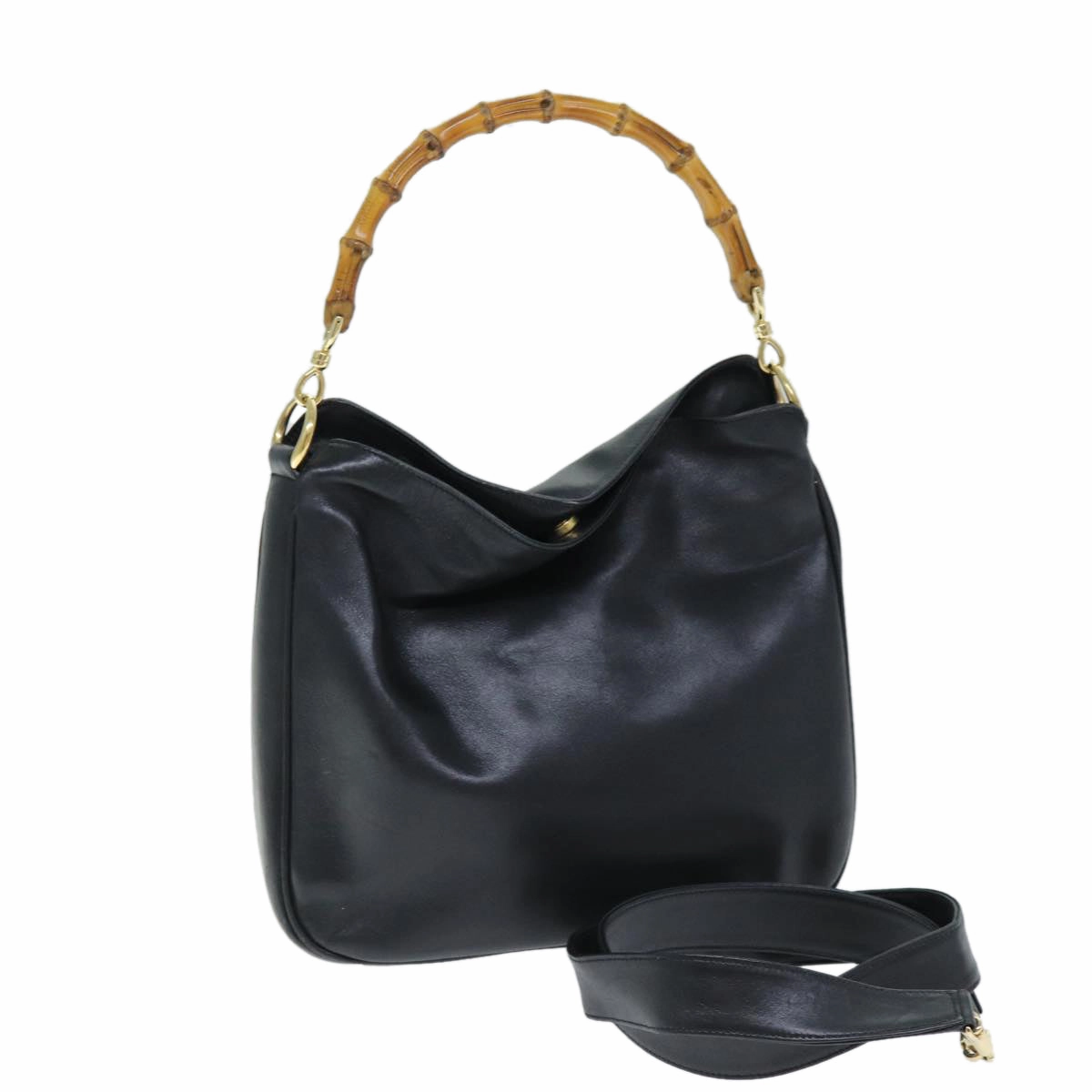 GUCCI Bamboo Shoulder Bag Leather 2way Black 001 1998 1638  73901
