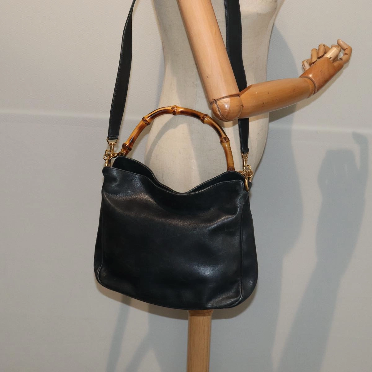 GUCCI Bamboo Shoulder Bag Leather 2way Navy Gold 001 1705 1638  86727