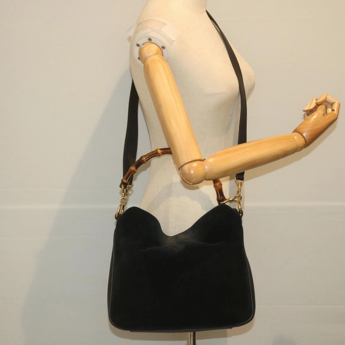 GUCCI Bamboo Shoulder Bag Suede 2way Black 001 1014 1638 0  ep2100