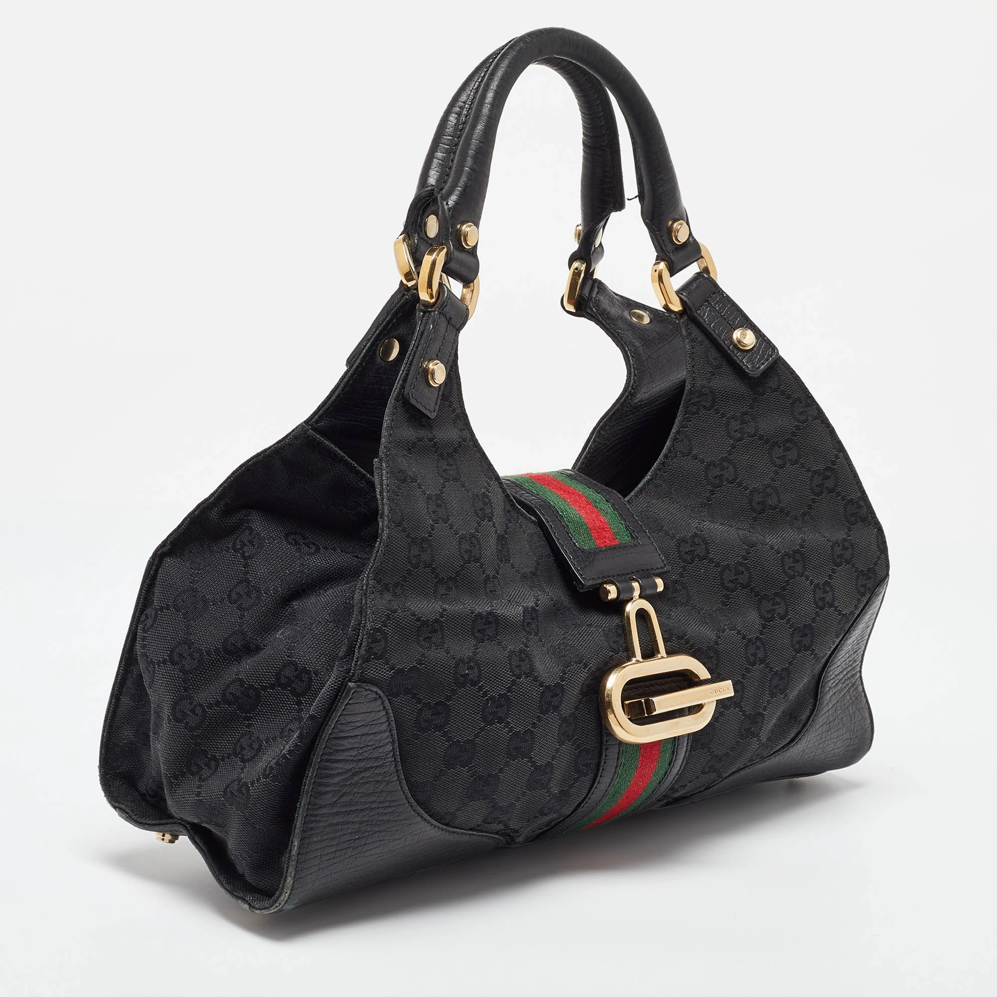 Gucci Black Gg Canvas And Leather Junco Shoulder Bag