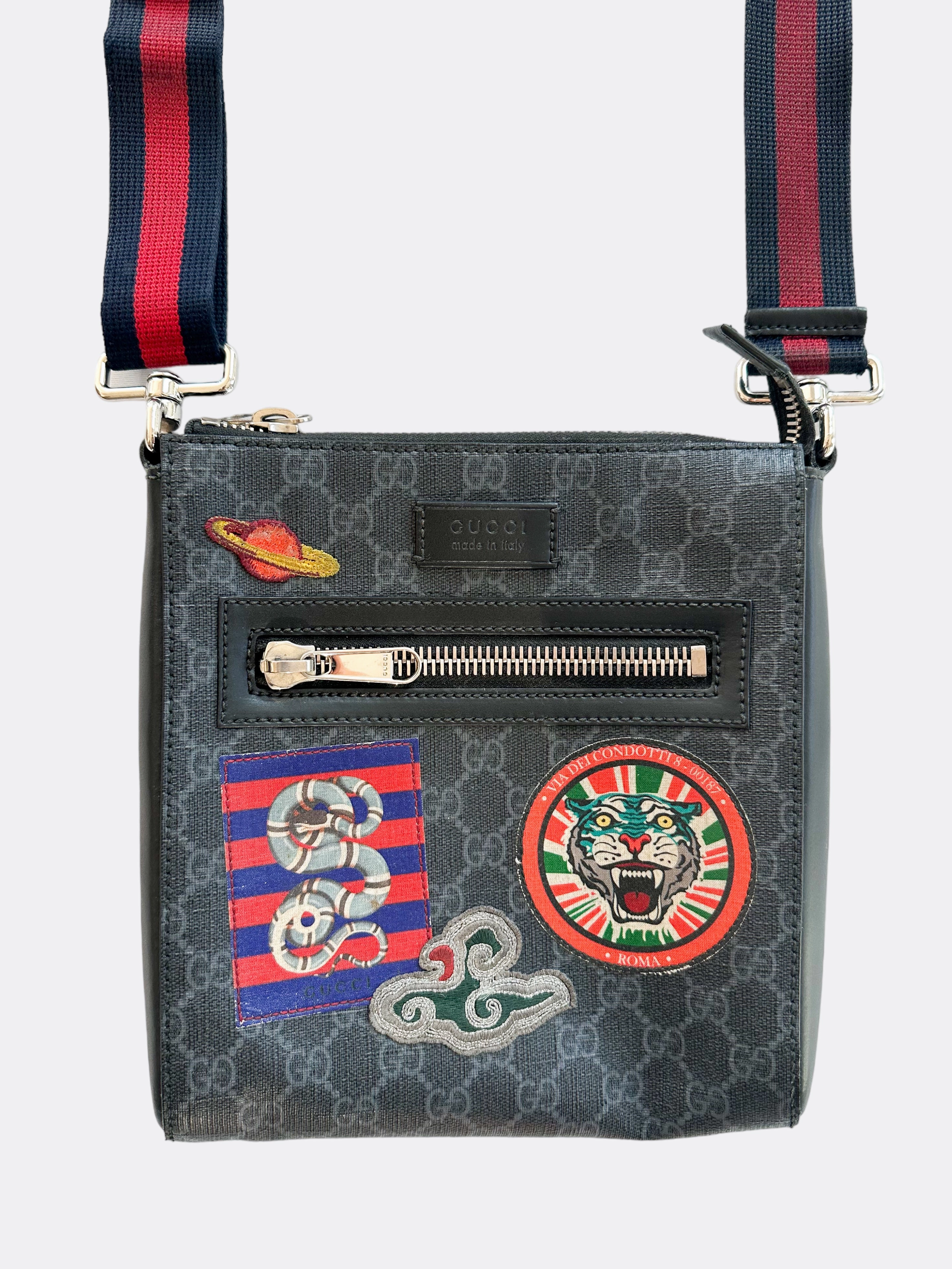 Gucci Black GG Monogram Patch Night Courier Messenger Bag