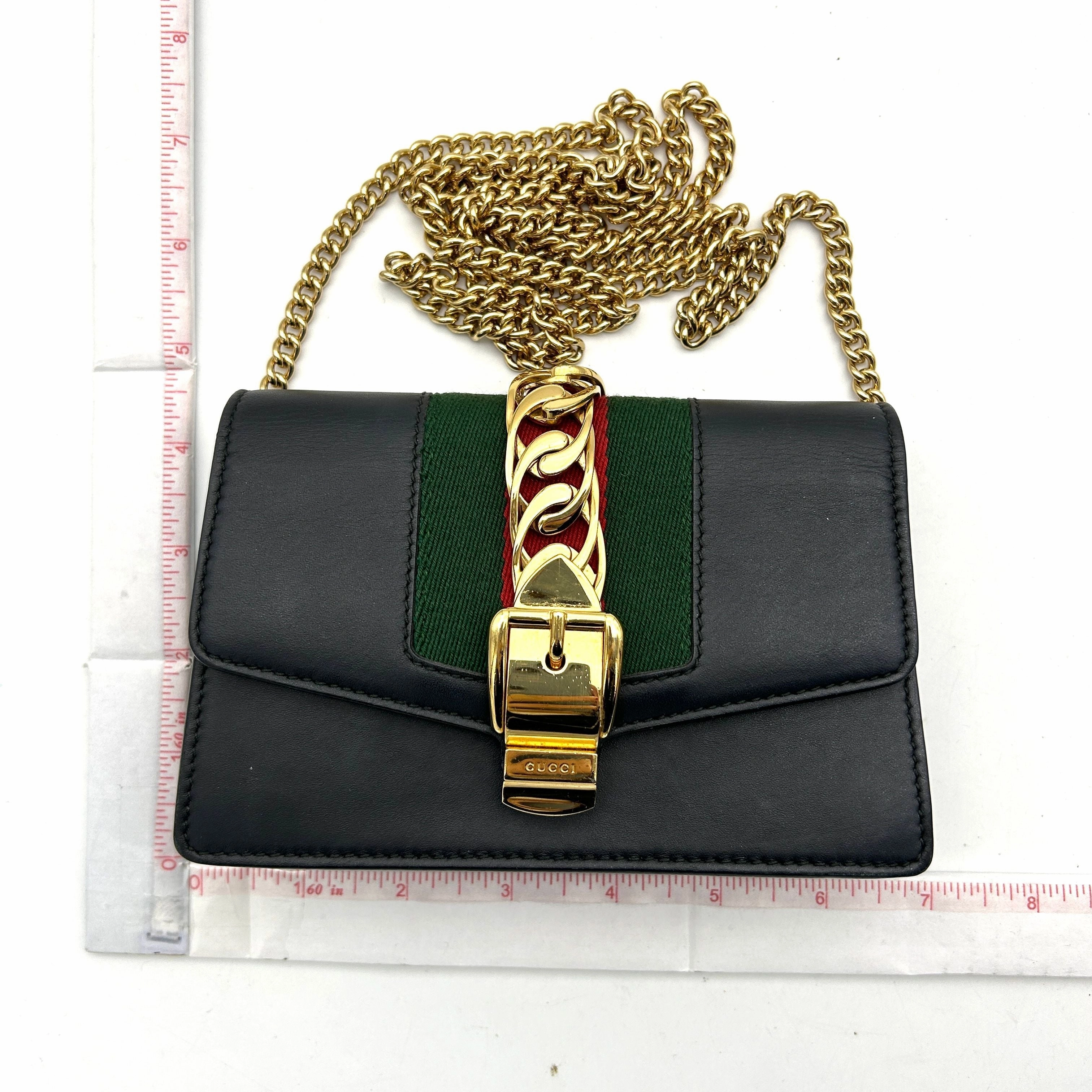 GUCCI Calfskin Super Mini Sylvie Chain Shoulder Bag Black LA33785