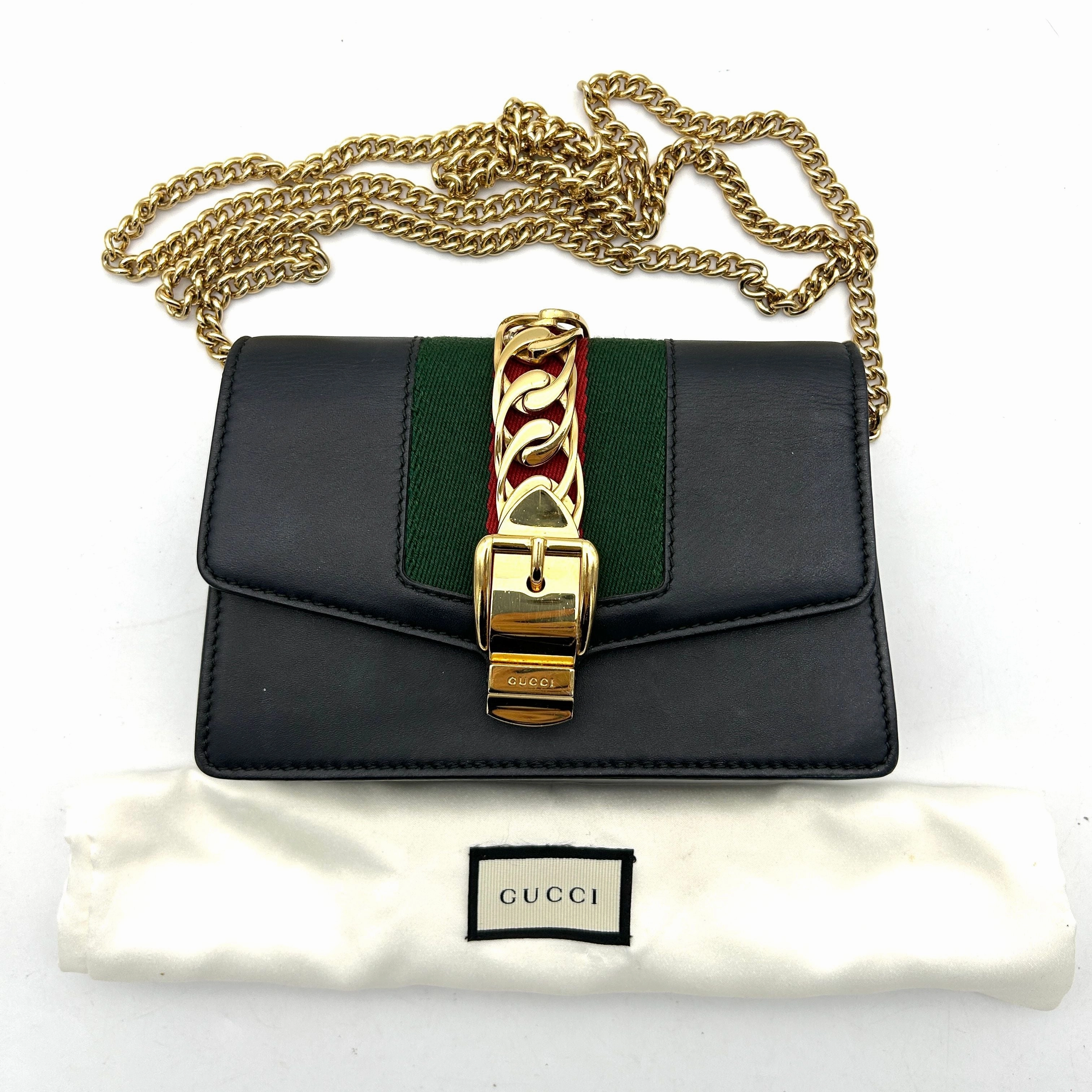 GUCCI Calfskin Super Mini Sylvie Chain Shoulder Bag Black LA33785