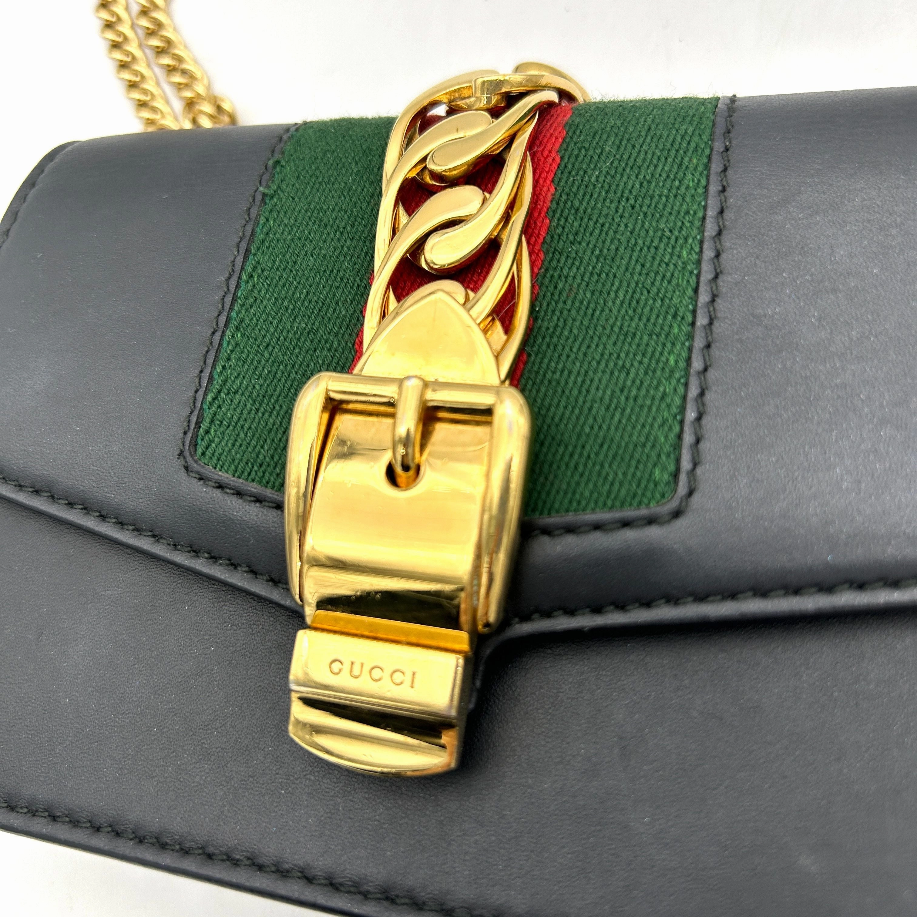 GUCCI Calfskin Super Mini Sylvie Chain Shoulder Bag Black LA33785