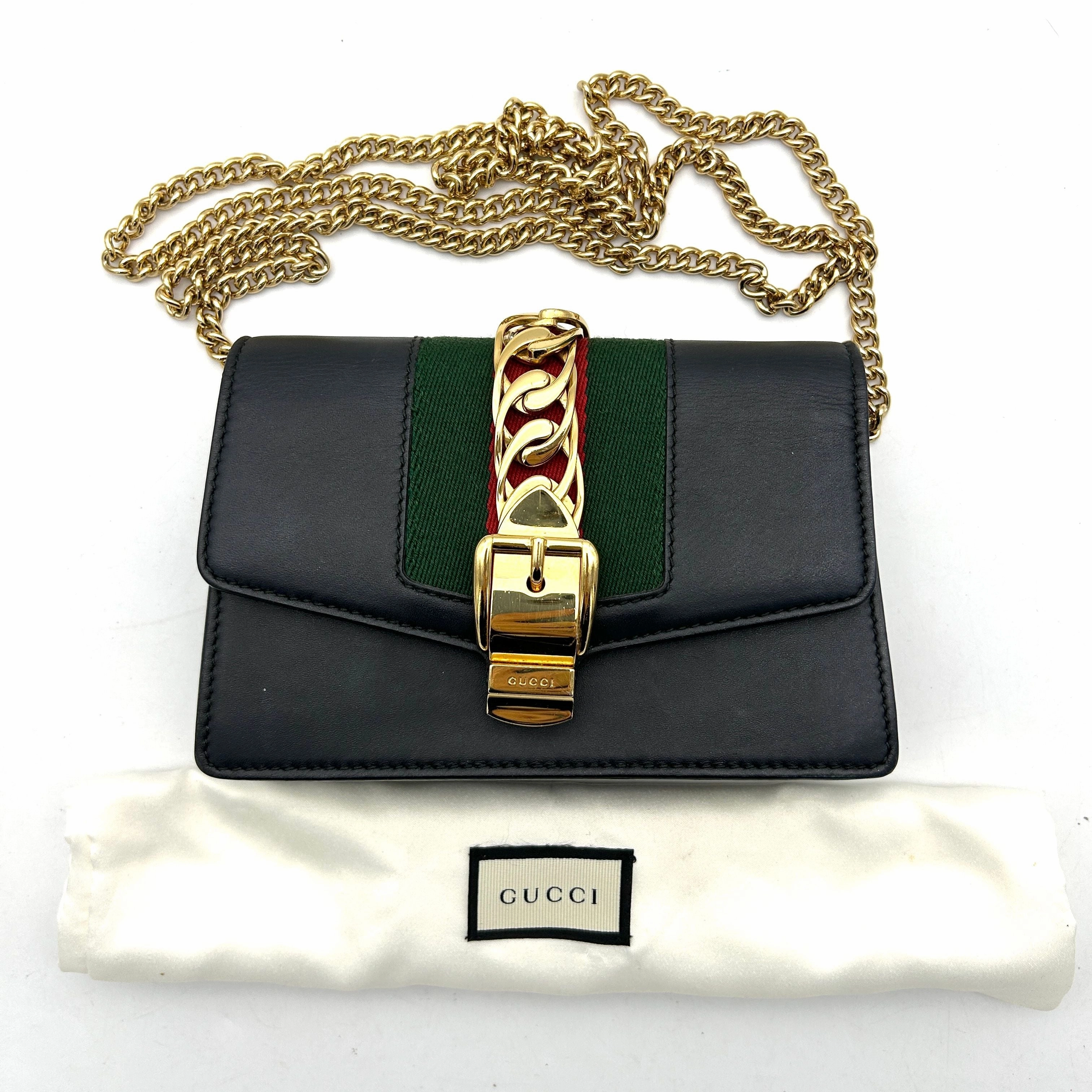GUCCI Calfskin Super Mini Sylvie Chain Shoulder Bag Black LA33785