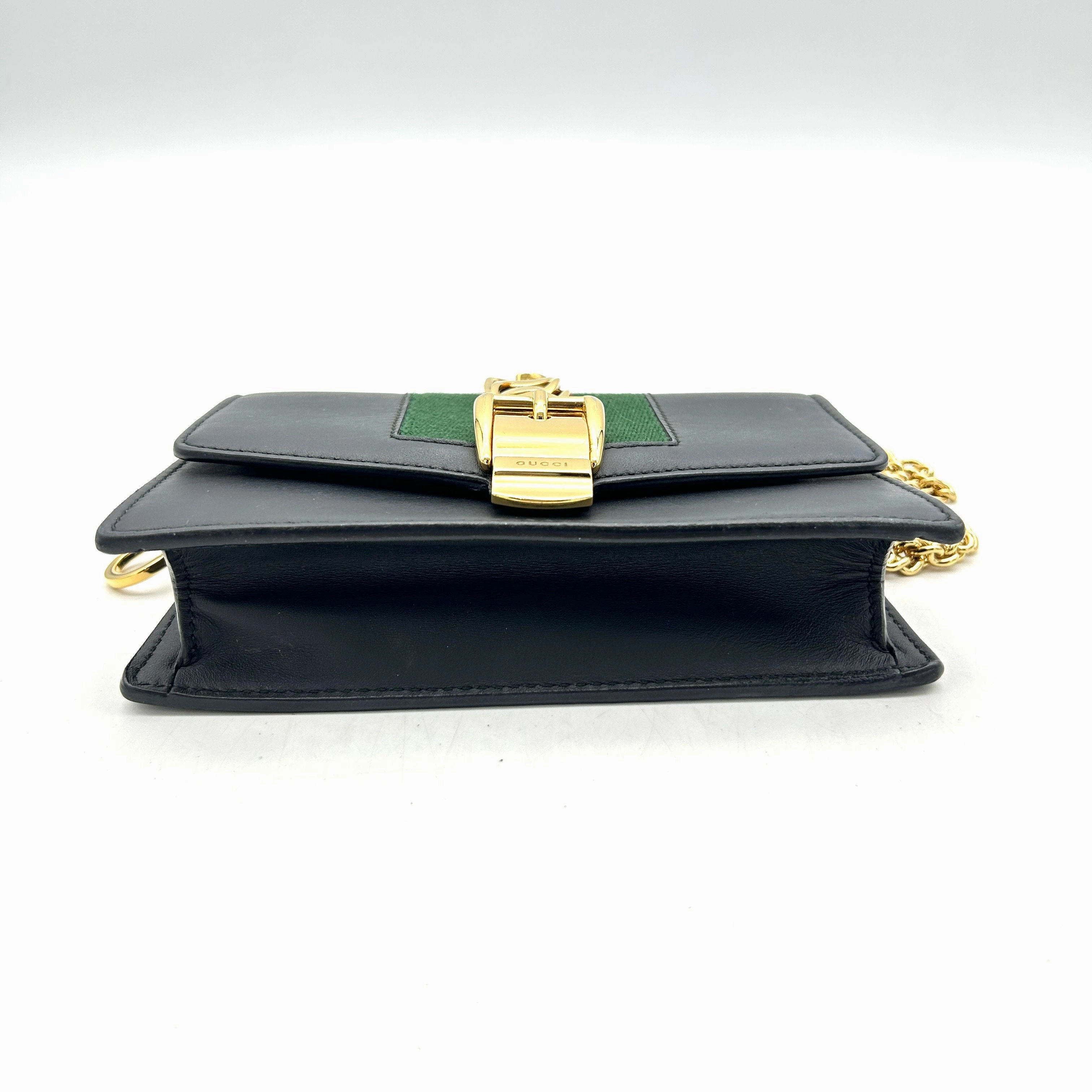 GUCCI Calfskin Super Mini Sylvie Chain Shoulder Bag Black LA33785