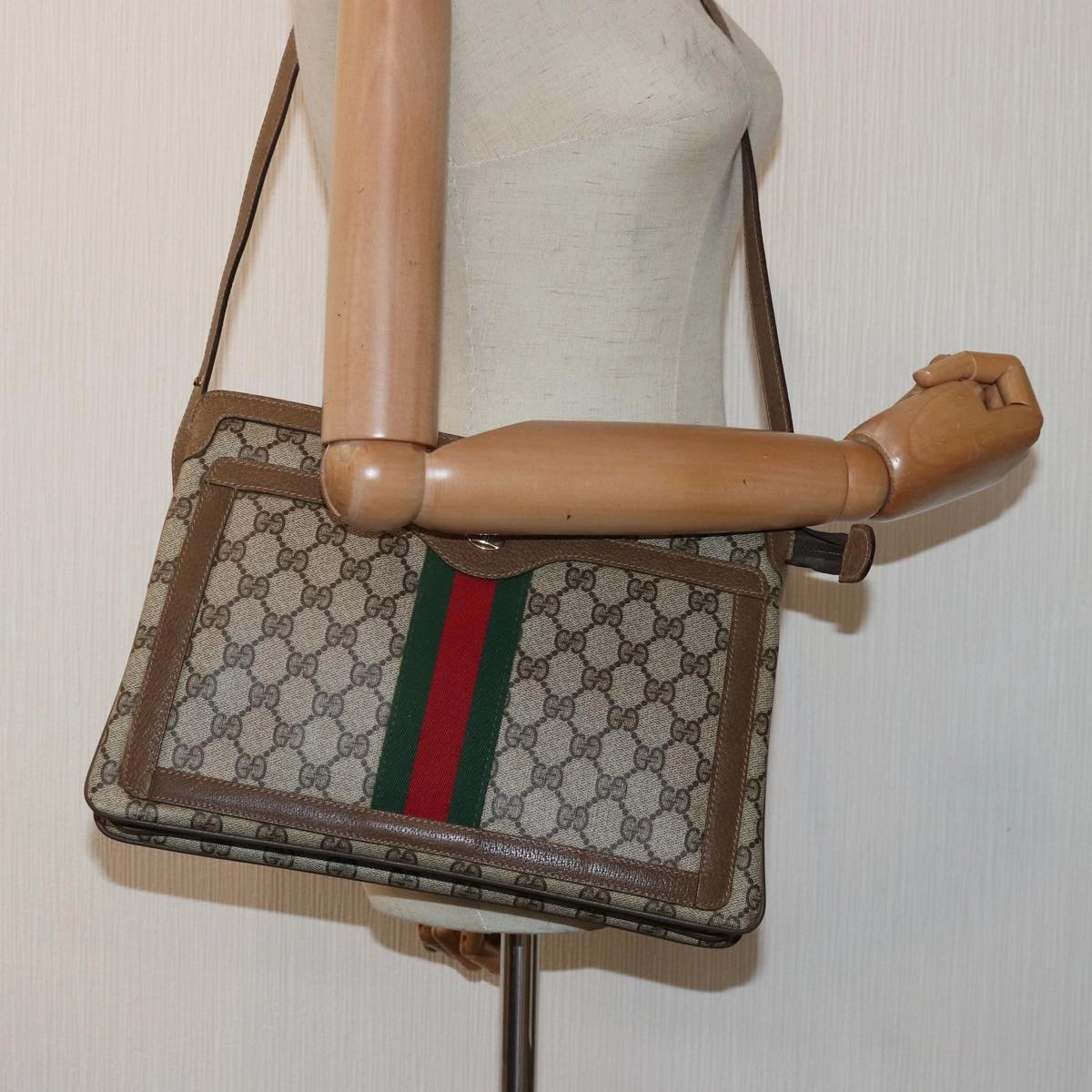GUCCI GG Canvas Web Sherry Line Shoulder Bag PVC Leather Beige Green  83269