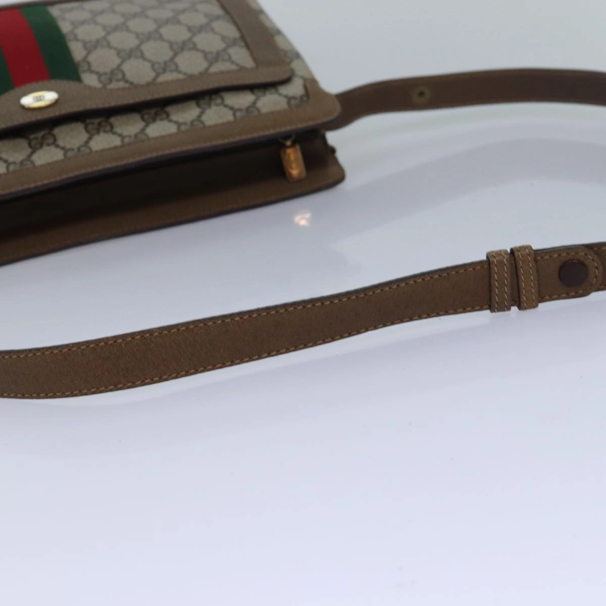 GUCCI GG Canvas Web Sherry Line Shoulder Bag PVC Leather Beige Green  83269