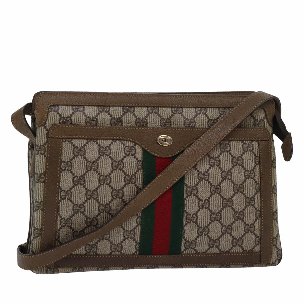 GUCCI GG Canvas Web Sherry Line Shoulder Bag PVC Leather Beige Green  83269
