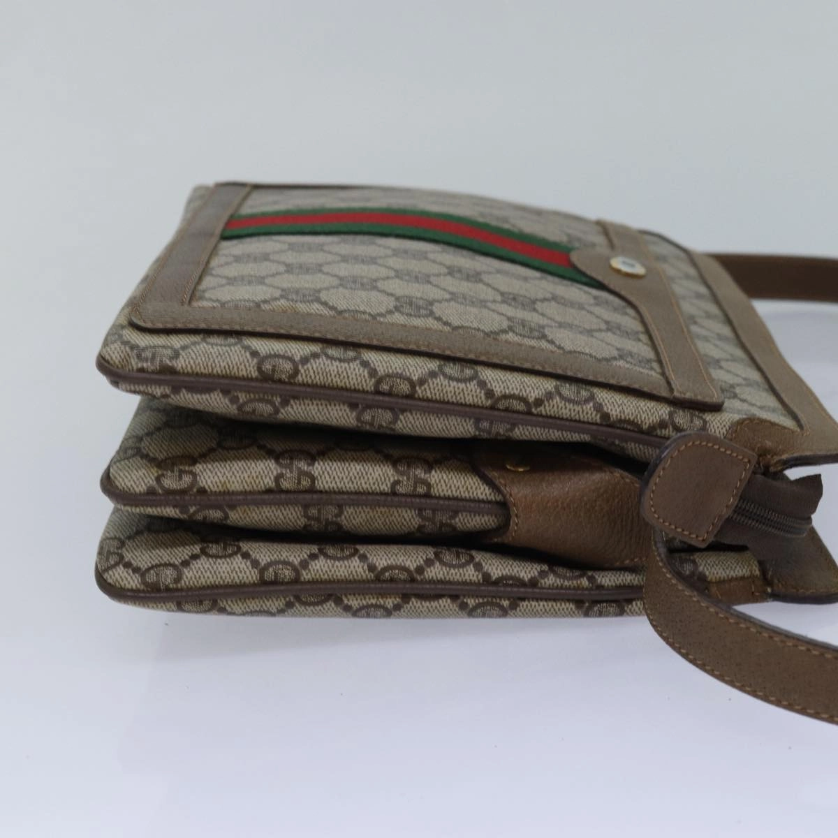 GUCCI GG Canvas Web Sherry Line Shoulder Bag PVC Leather Beige Green  83269