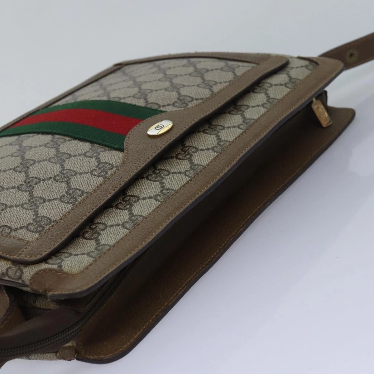 GUCCI GG Canvas Web Sherry Line Shoulder Bag PVC Leather Beige Green  83269