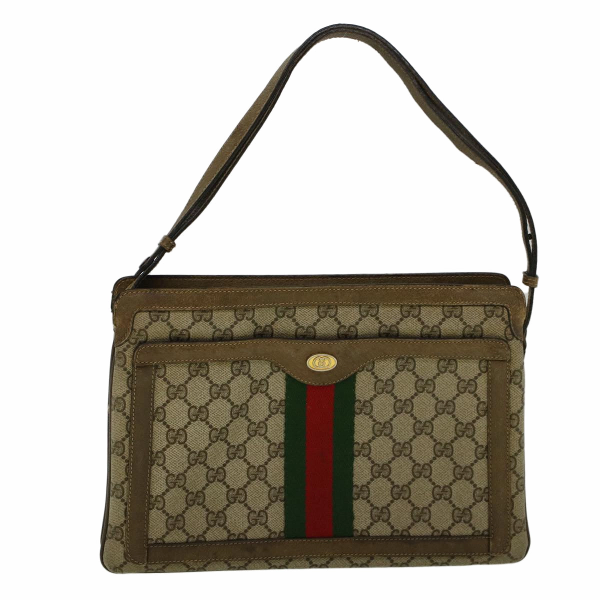 GUCCI GG Canvas Web Sherry Line Shoulder Bag PVC Leather Beige Green  bs9253