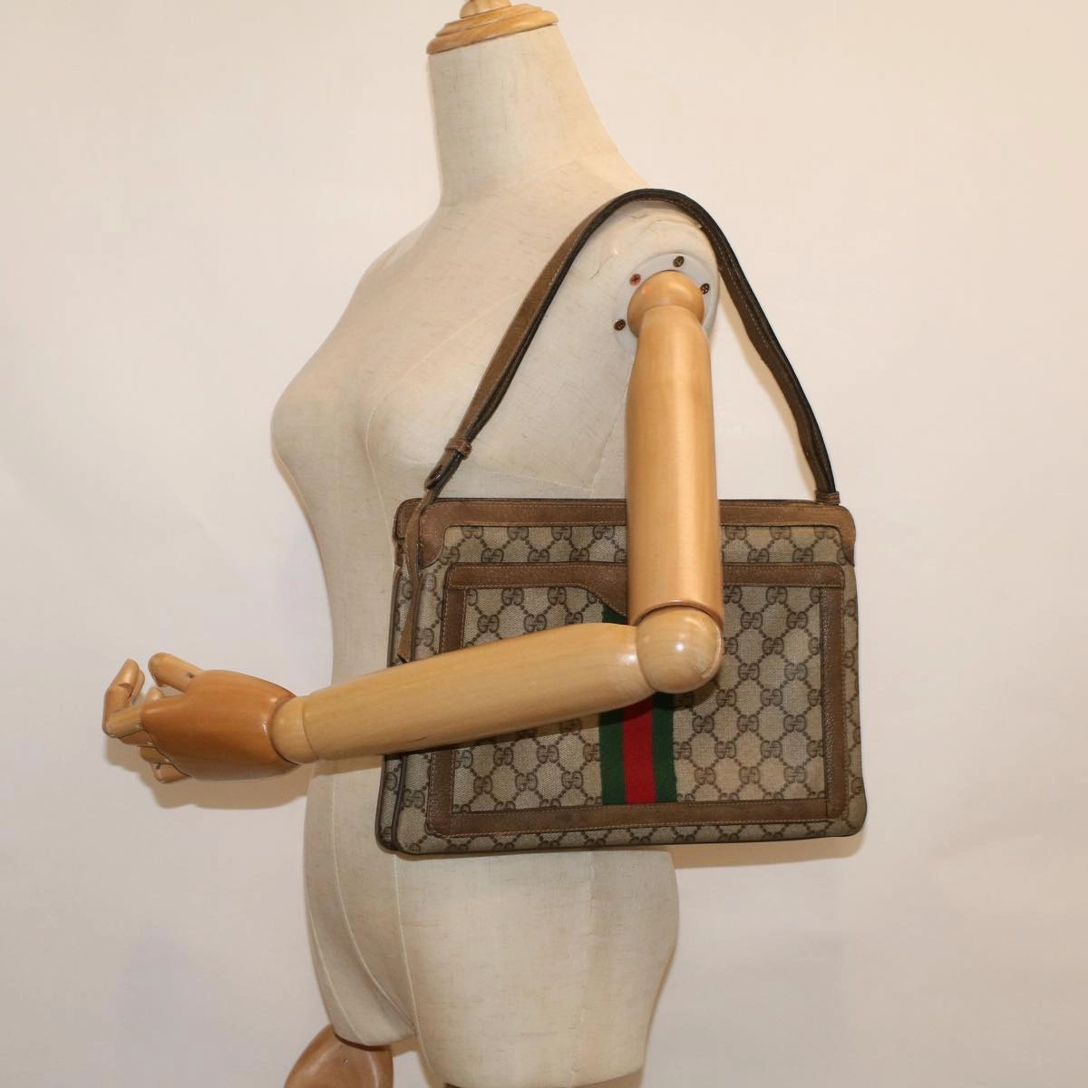 GUCCI GG Canvas Web Sherry Line Shoulder Bag PVC Leather Beige Green  bs9253