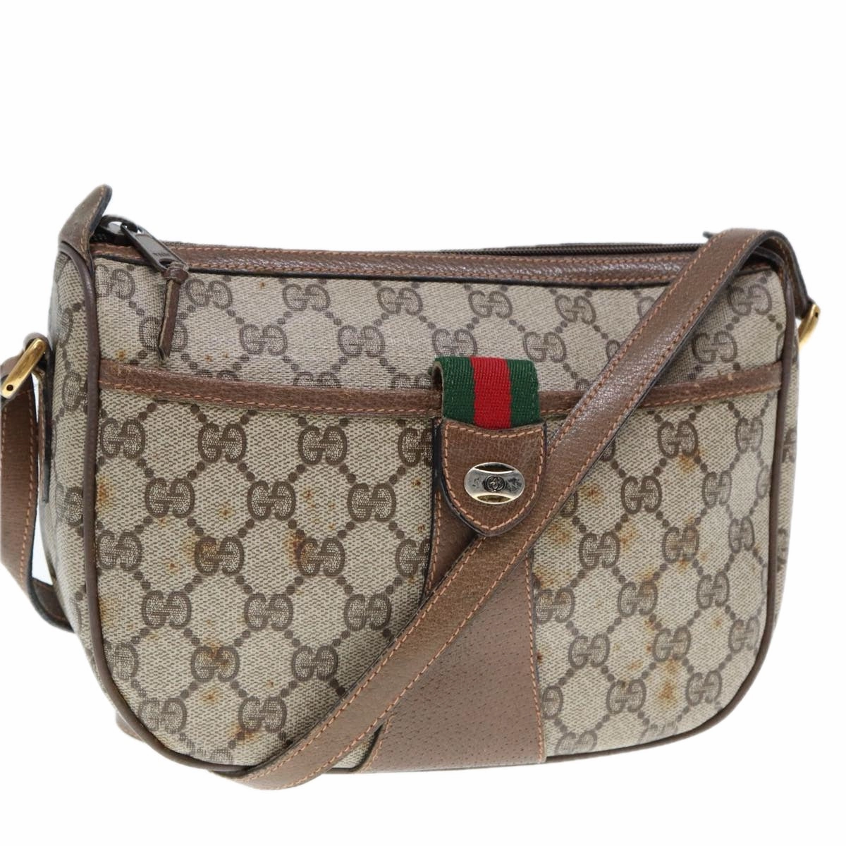 GUCCI GG Supreme Web Sherry Line Shoulder Bag PVC Leather Beige Brown