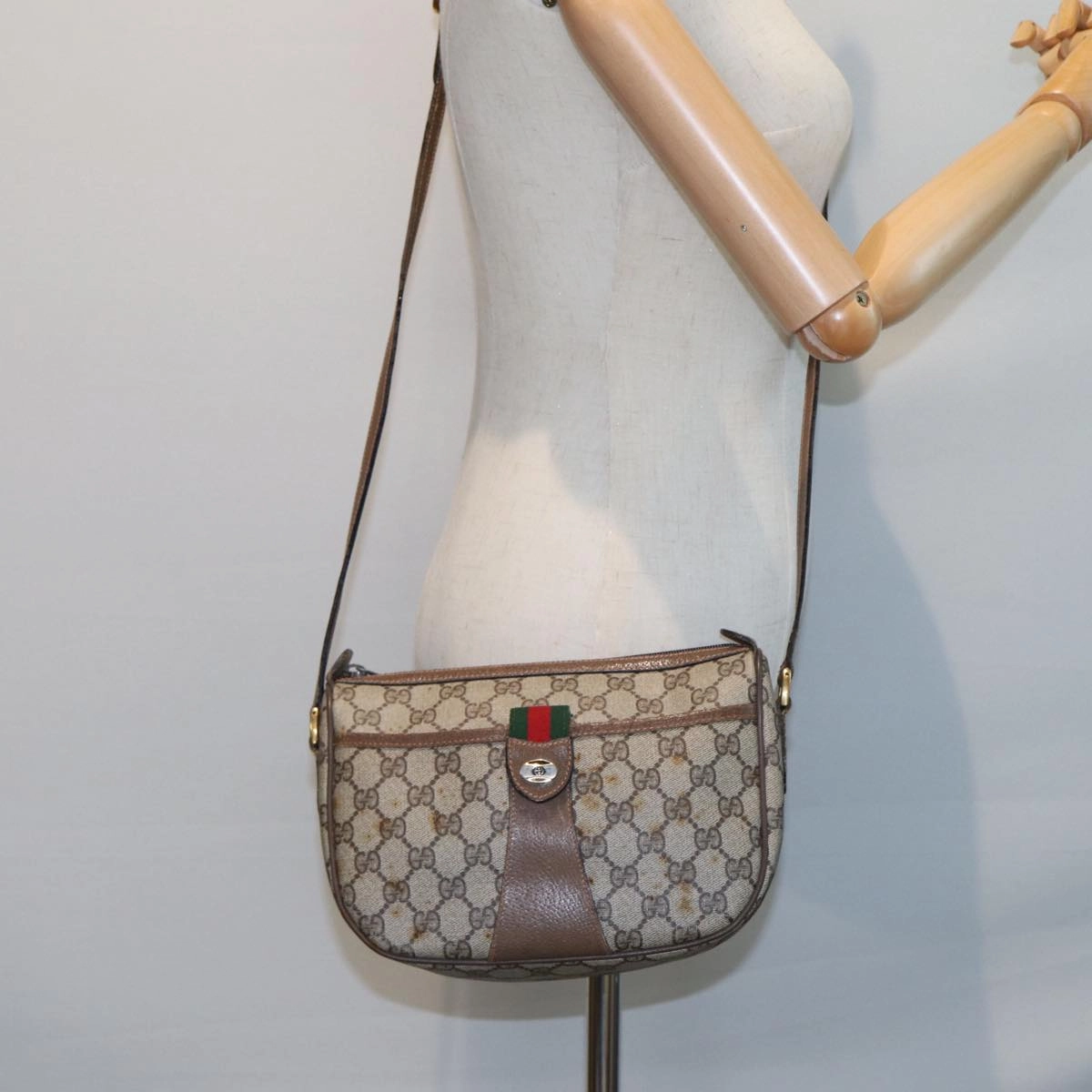 GUCCI GG Supreme Web Sherry Line Shoulder Bag PVC Leather Beige Brown