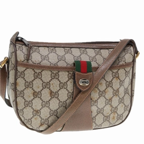 GUCCI GG Supreme Web Sherry Line Shoulder Bag PVC Leather Beige Brown