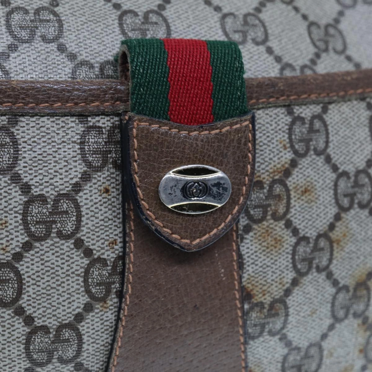 GUCCI GG Supreme Web Sherry Line Shoulder Bag PVC Leather Beige Brown