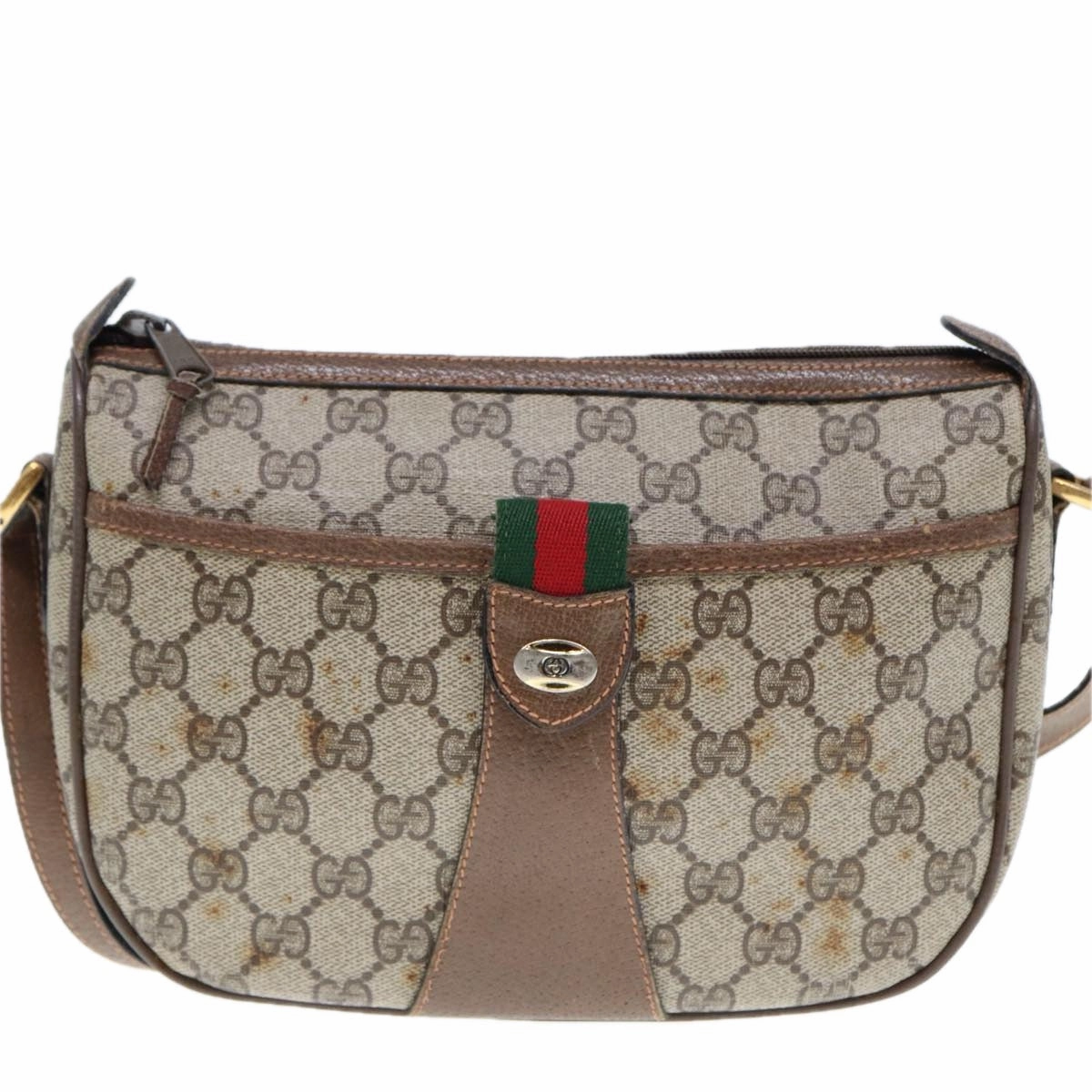 GUCCI GG Supreme Web Sherry Line Shoulder Bag PVC Leather Beige Brown