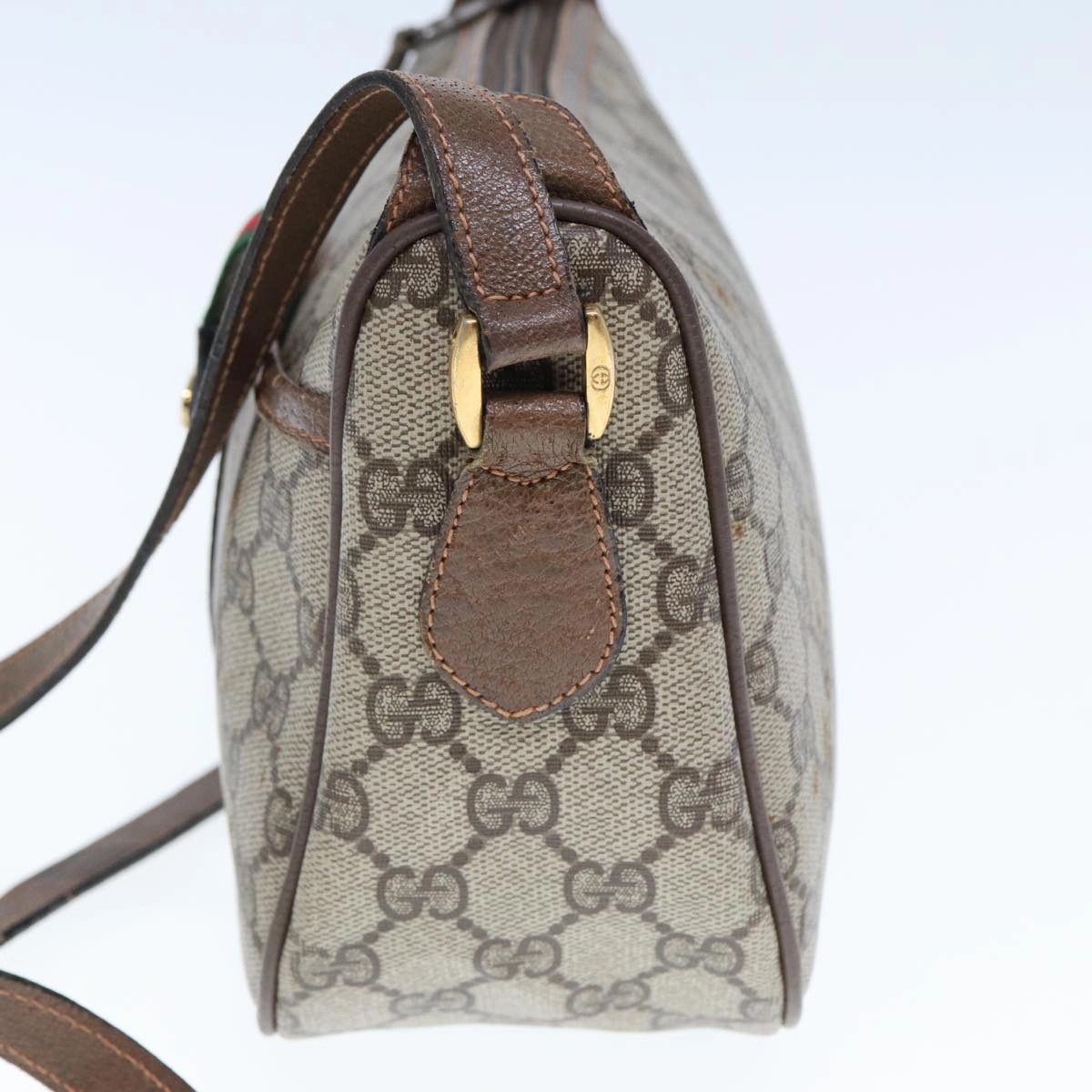 GUCCI GG Supreme Web Sherry Line Shoulder Bag PVC Leather Beige Brown