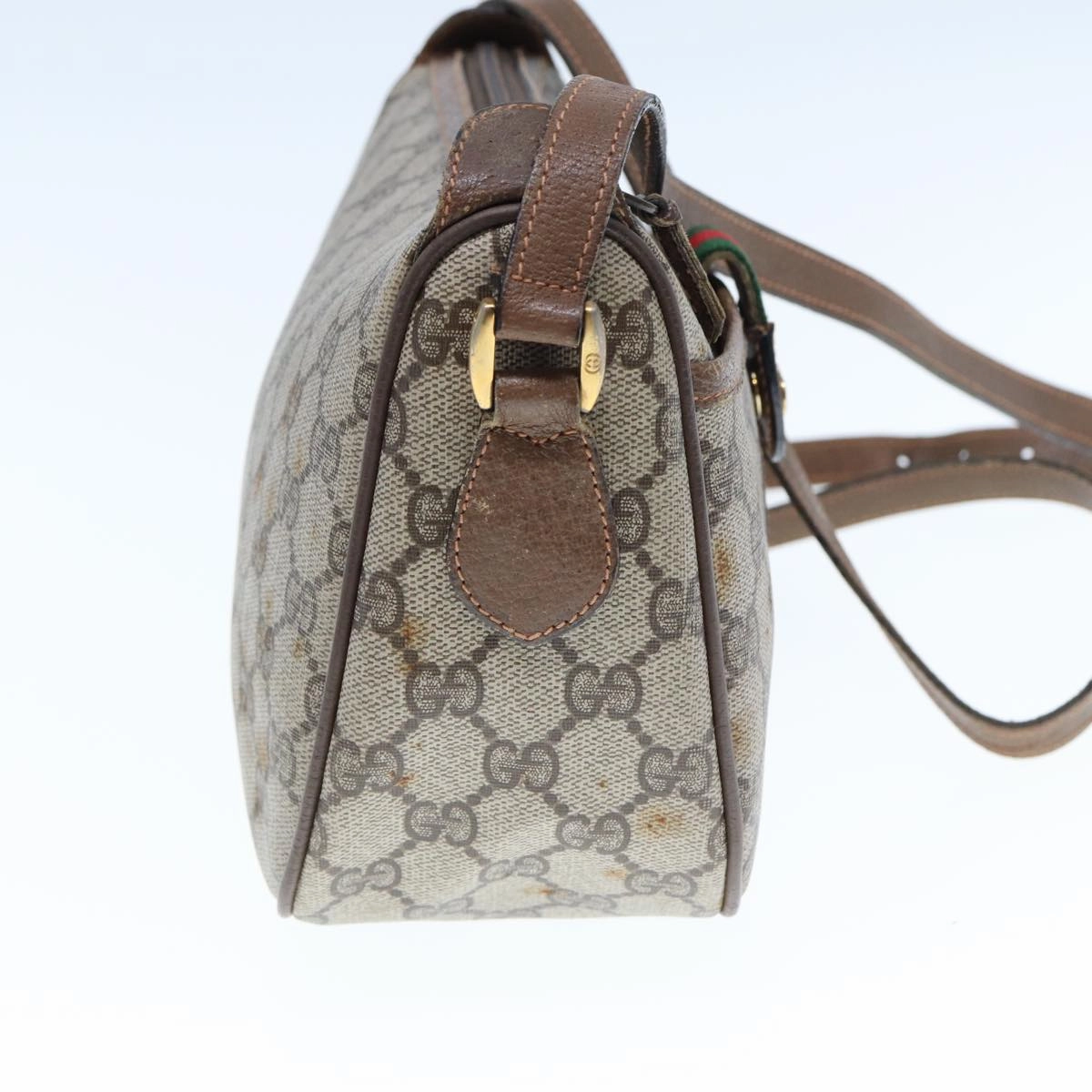 GUCCI GG Supreme Web Sherry Line Shoulder Bag PVC Leather Beige Brown
