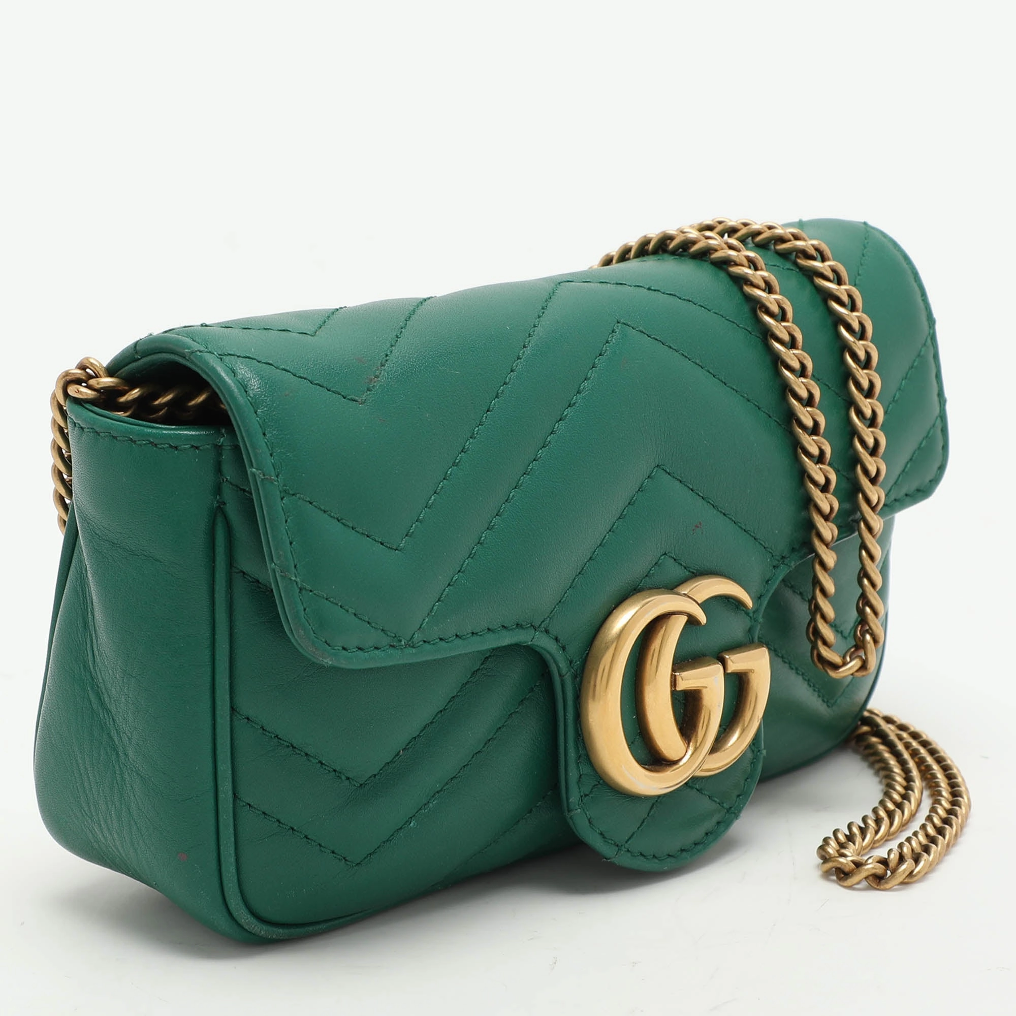 Gucci Green Quilted Leather Gg Marmont Super Mini Shoulder Bag