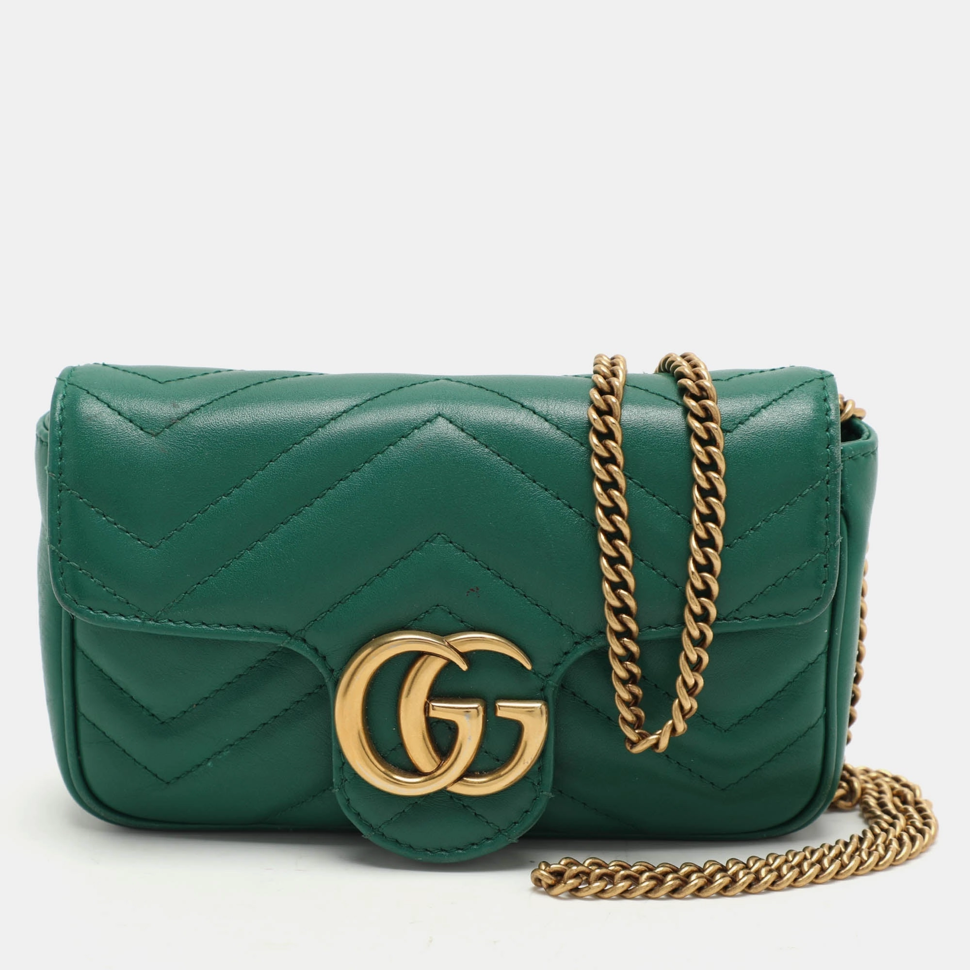 Gucci Green Quilted Leather Gg Marmont Super Mini Shoulder Bag