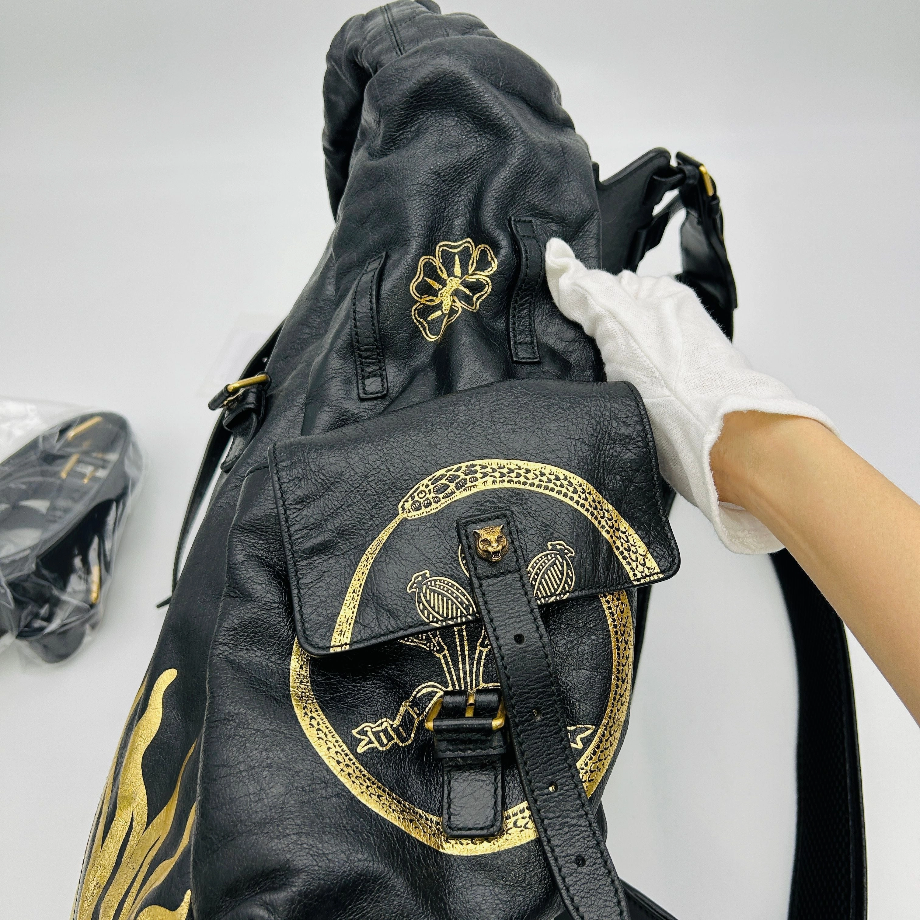 Gucci Leather Backpack With Metallic Prints In Gold  LA33162