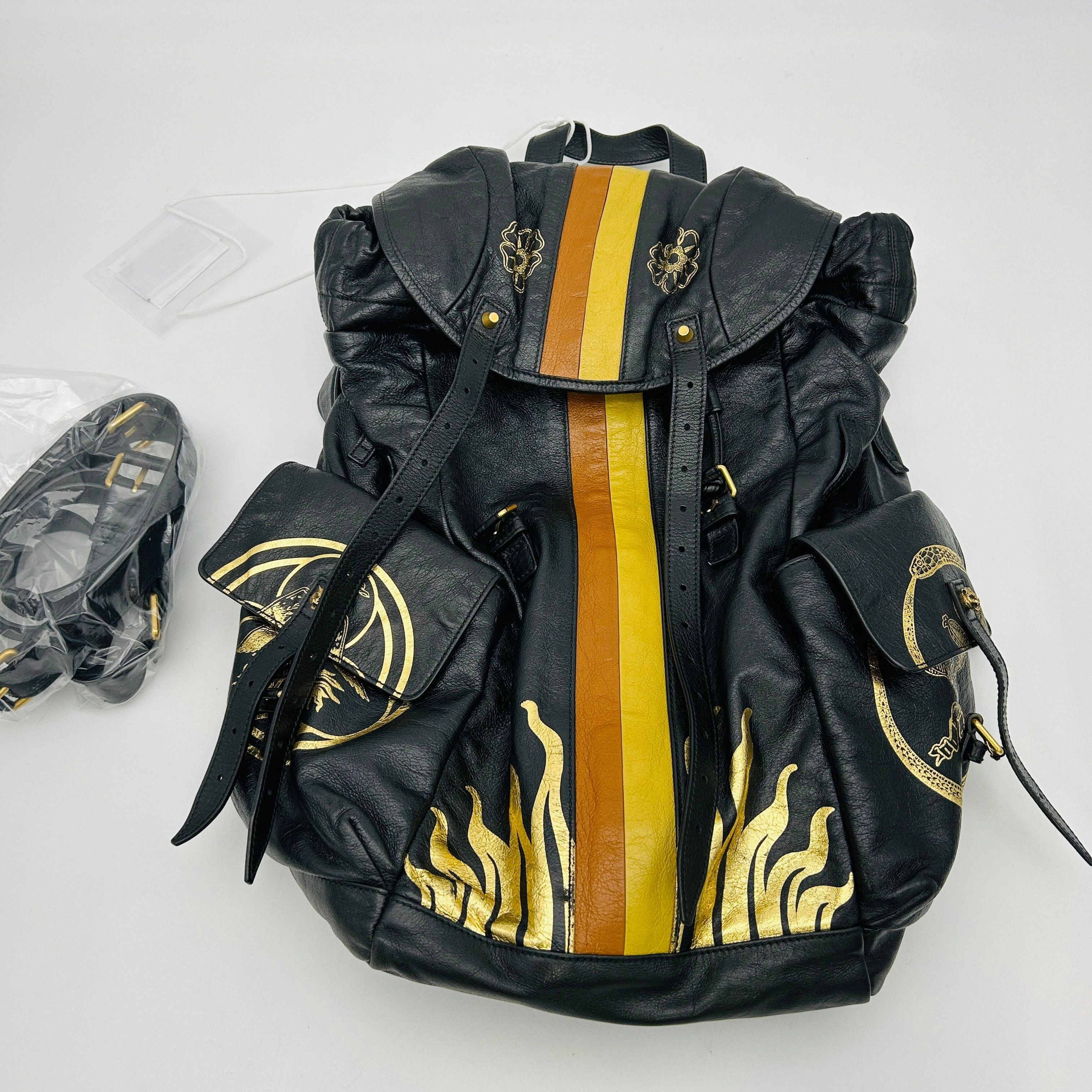 Gucci Leather Backpack With Metallic Prints In Gold  LA33162