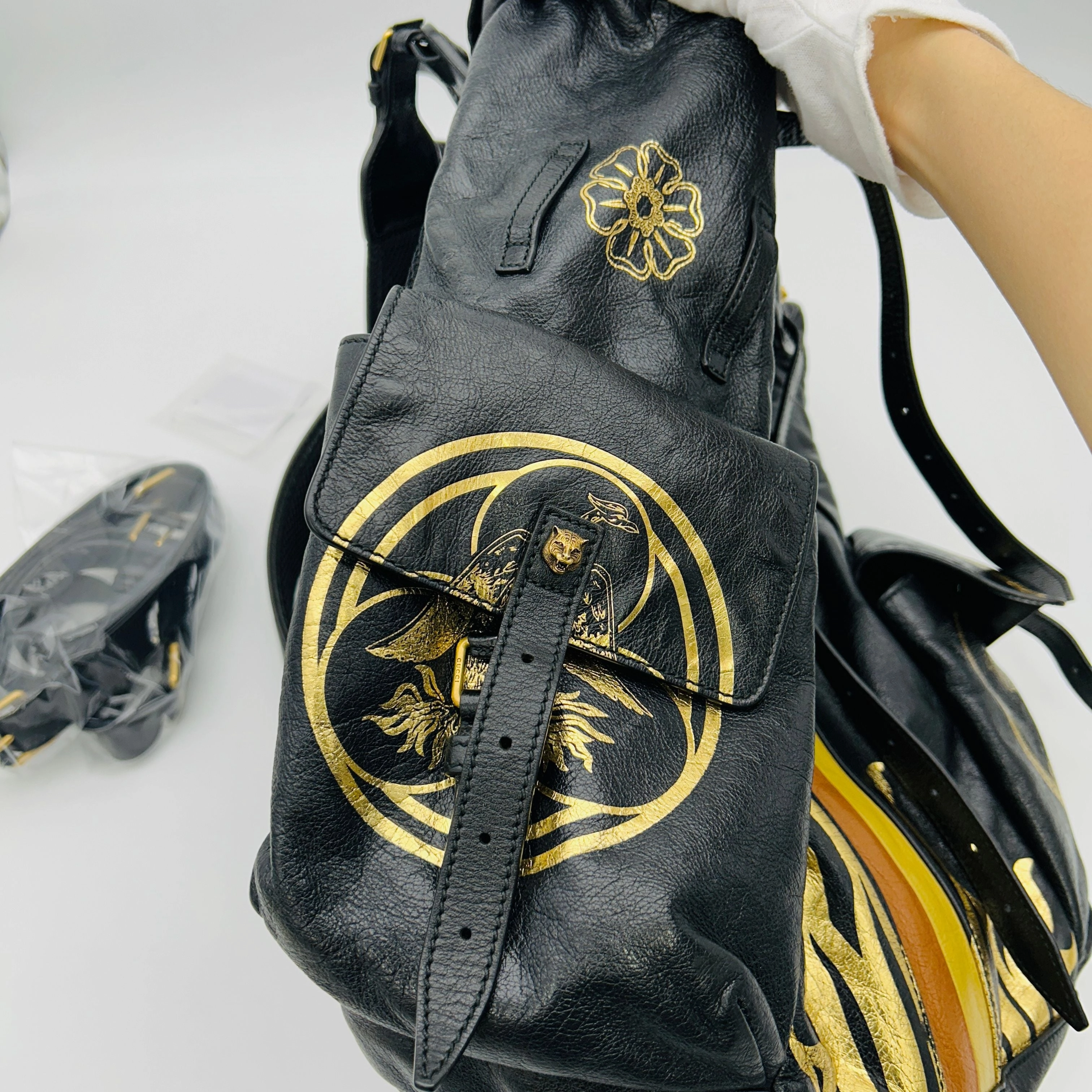 Gucci Leather Backpack With Metallic Prints In Gold  LA33162