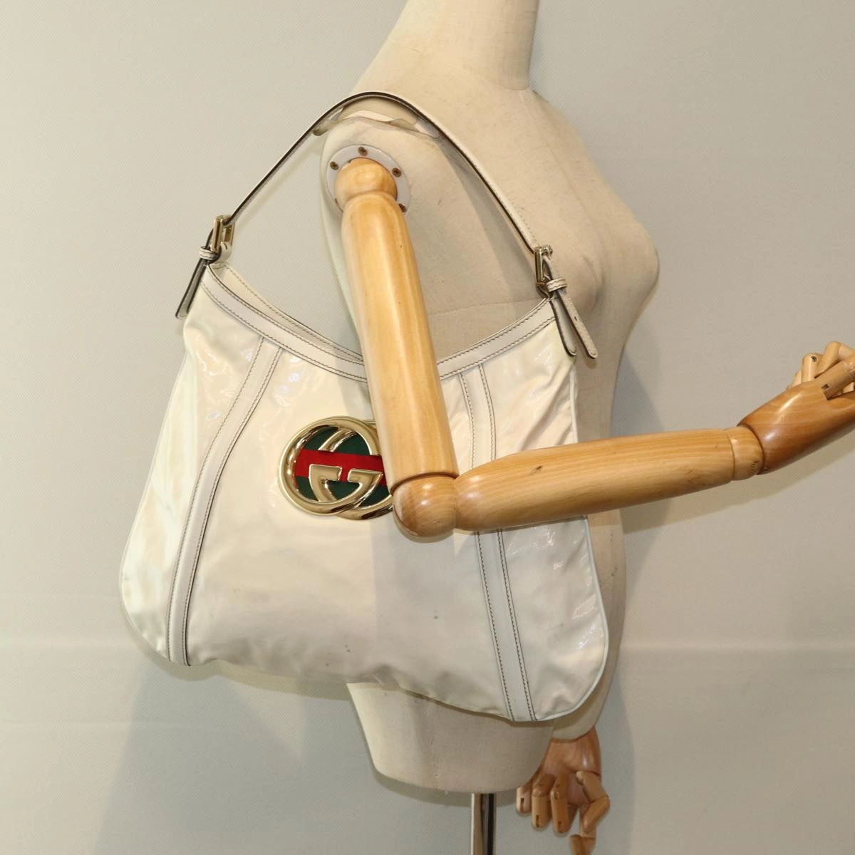 GUCCI Web Sherry Line Shoulder Bag Coated Canvas White Red 162740  ep4886