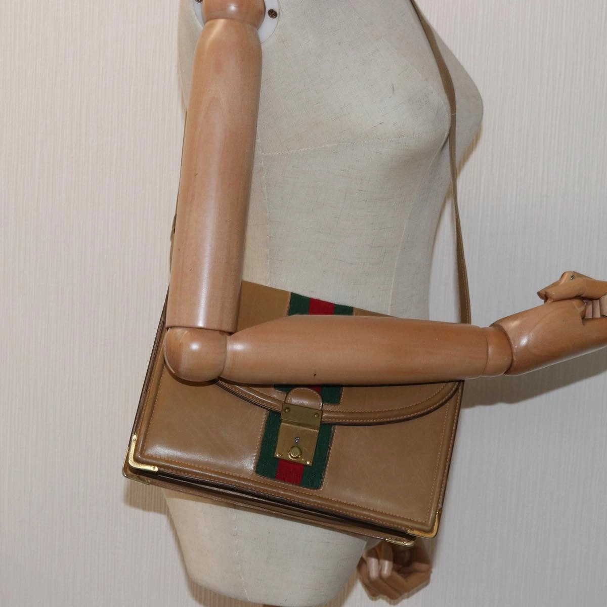 GUCCI Web Sherry Line Shoulder Bag Leather Beige  ep4582
