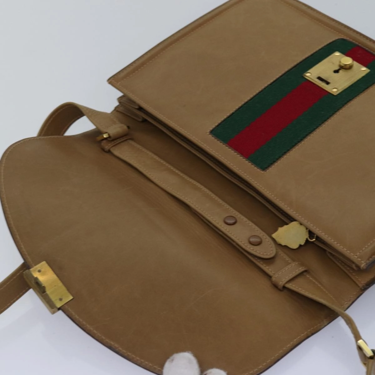 GUCCI Web Sherry Line Shoulder Bag Leather Beige  ep4582