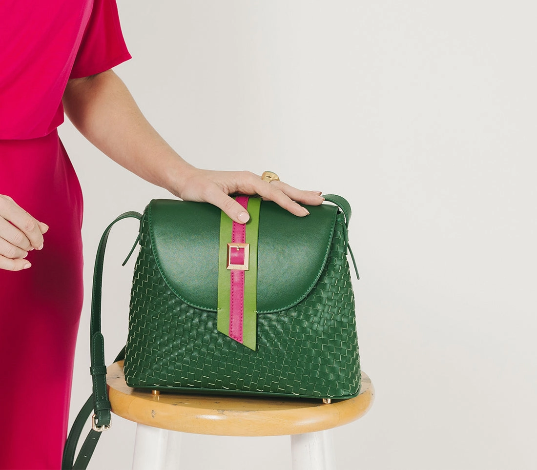Gunas New York Kate Green Vegan Basket Weave Shoulder Bag