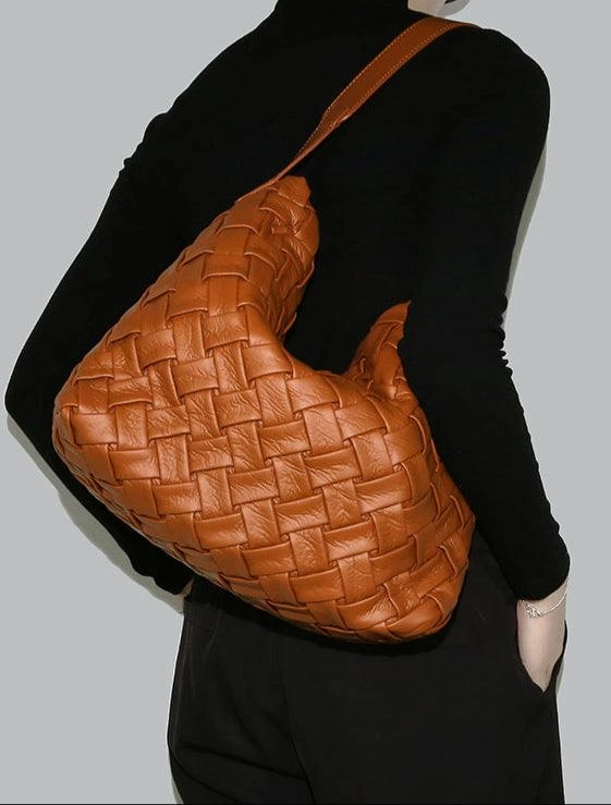 Handmade Soft Vegan Leather Woven Tote Bag for Women, Large Minimalist Commuter Shoulder Bag with Inner Pouch