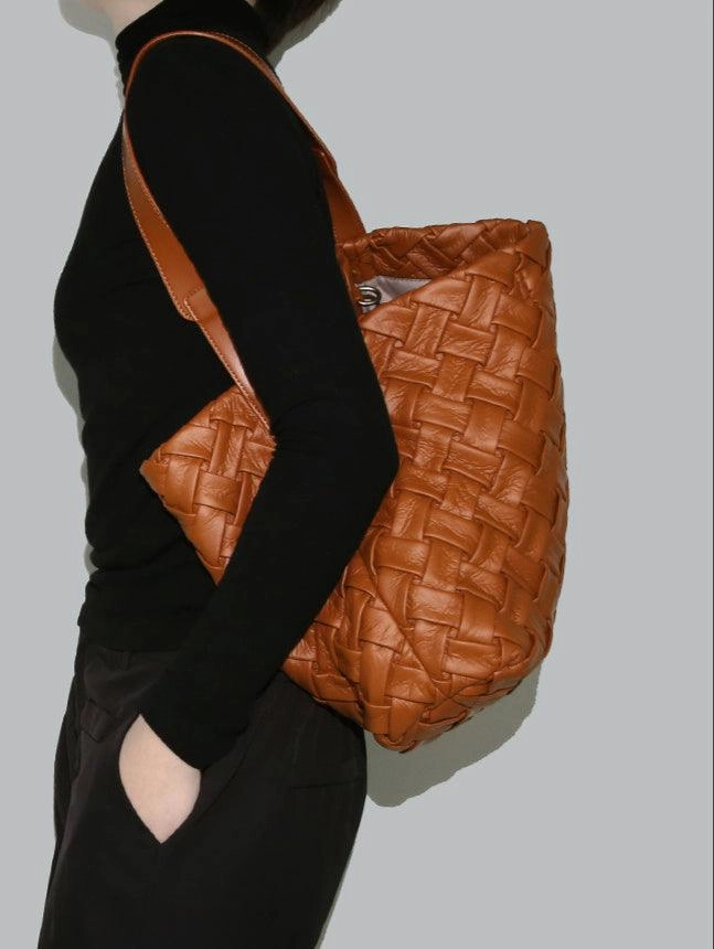 Handmade Soft Vegan Leather Woven Tote Bag for Women, Large Minimalist Commuter Shoulder Bag with Inner Pouch