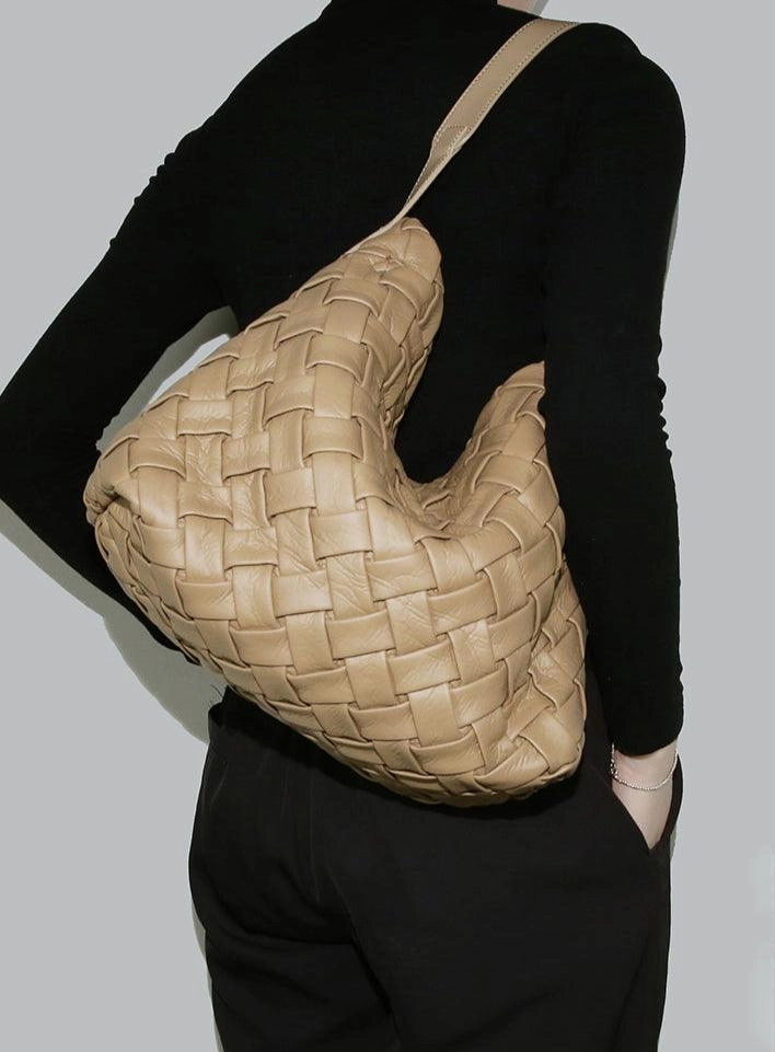 Handmade Soft Vegan Leather Woven Tote Bag for Women, Large Minimalist Commuter Shoulder Bag with Inner Pouch