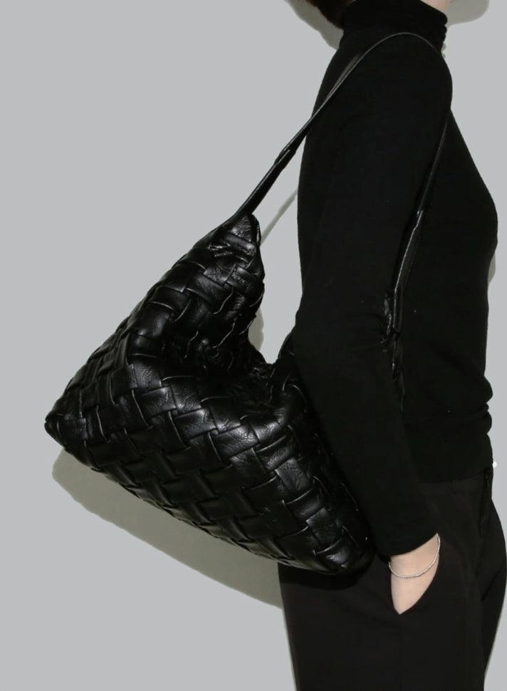 Handmade Soft Vegan Leather Woven Tote Bag for Women, Large Minimalist Commuter Shoulder Bag with Inner Pouch