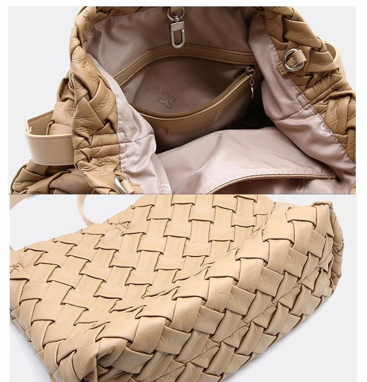 Handmade Soft Vegan Leather Woven Tote Bag for Women, Large Minimalist Commuter Shoulder Bag with Inner Pouch
