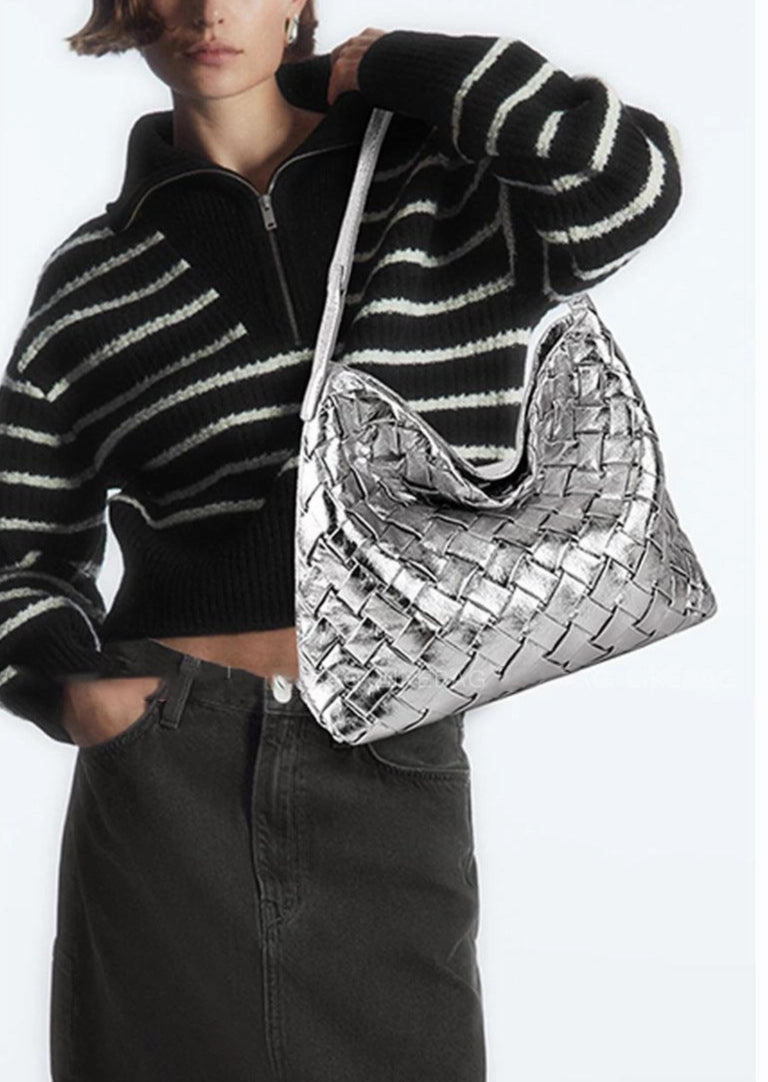 Handmade Soft Vegan Leather Woven Tote Bag for Women, Large Minimalist Commuter Shoulder Bag with Inner Pouch