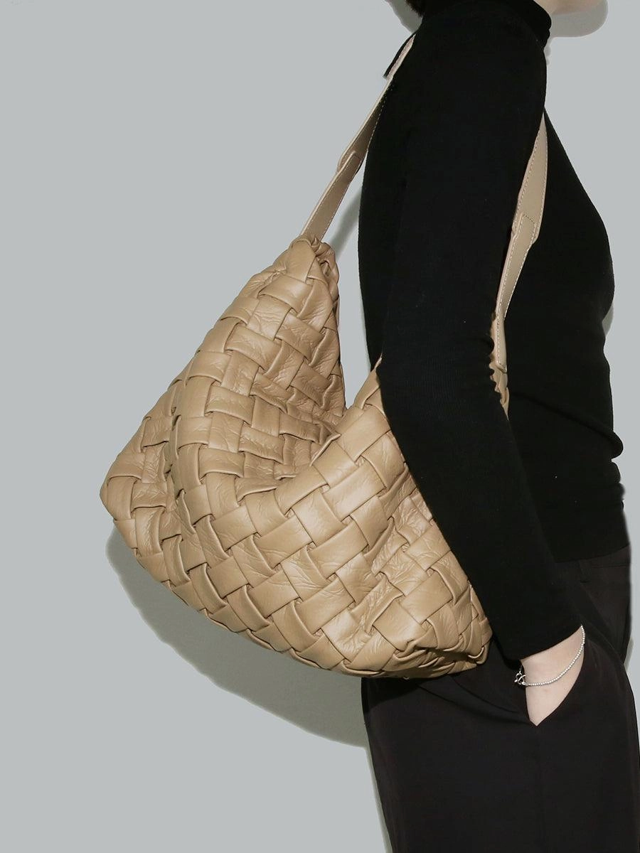 Handmade Soft Vegan Leather Woven Tote Bag for Women, Large Minimalist Commuter Shoulder Bag with Inner Pouch