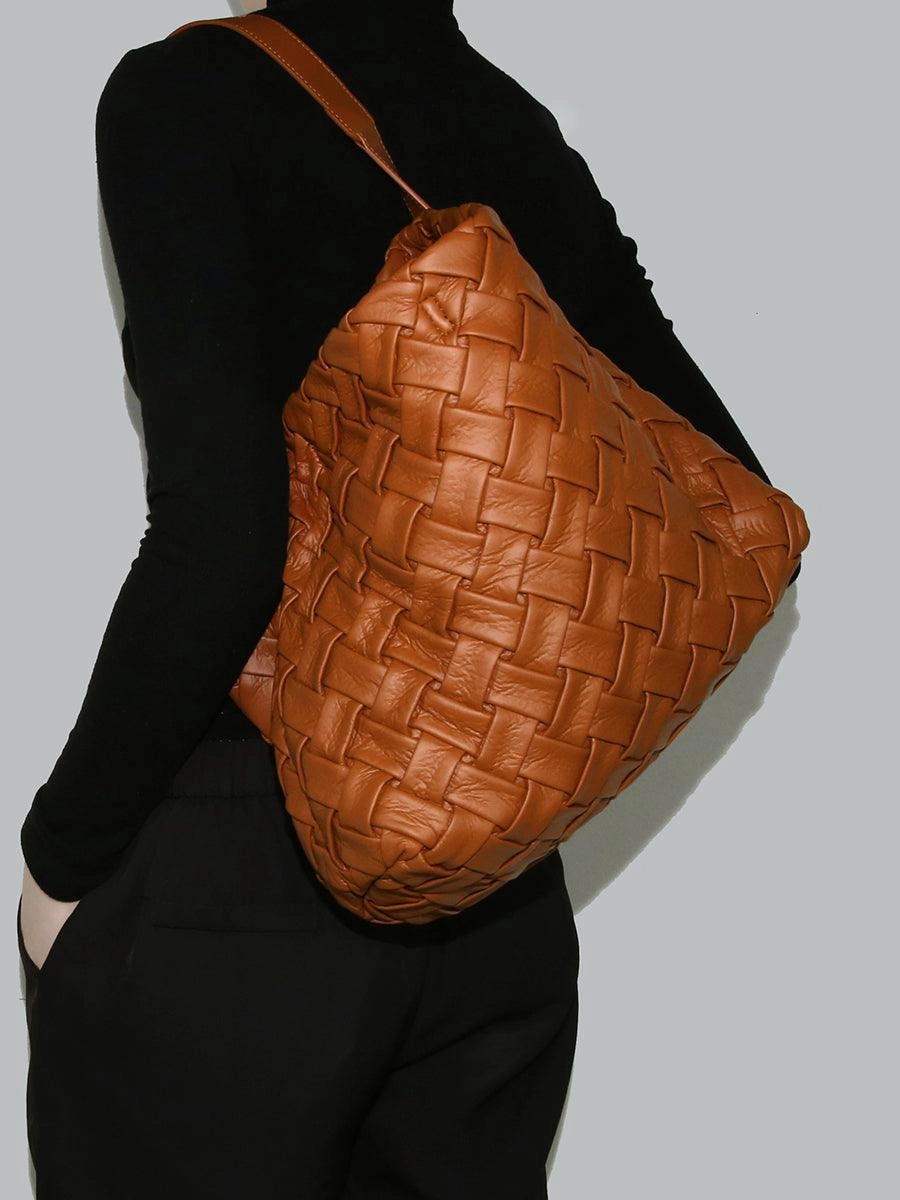 Handmade Soft Vegan Leather Woven Tote Bag for Women, Large Minimalist Commuter Shoulder Bag with Inner Pouch