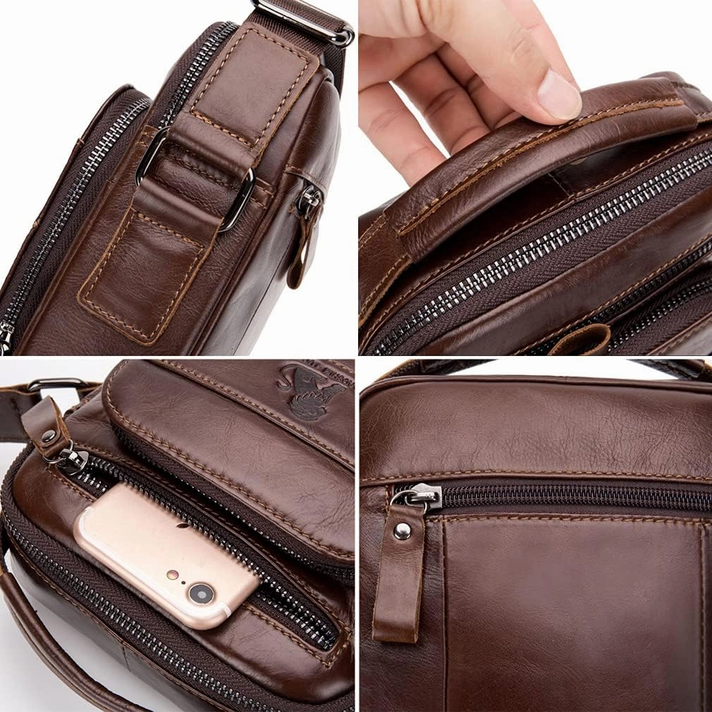 Hebetag Small Leather Shoulder Bag Crossbody Pack for Men Outdoor Travel Business