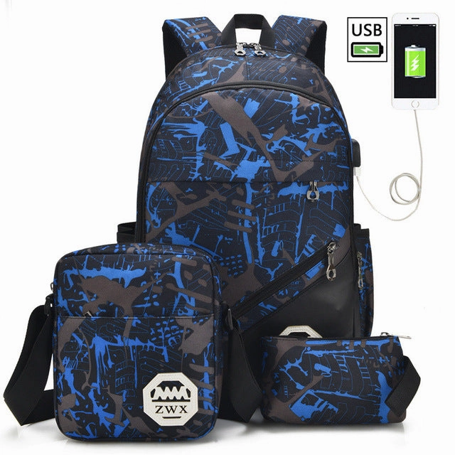 HLDAFA 3Pcs set USB Male Backpacks Large Backpack for Men Shoulder Bag Student Travel Bag School Bags for Young People Schooltas