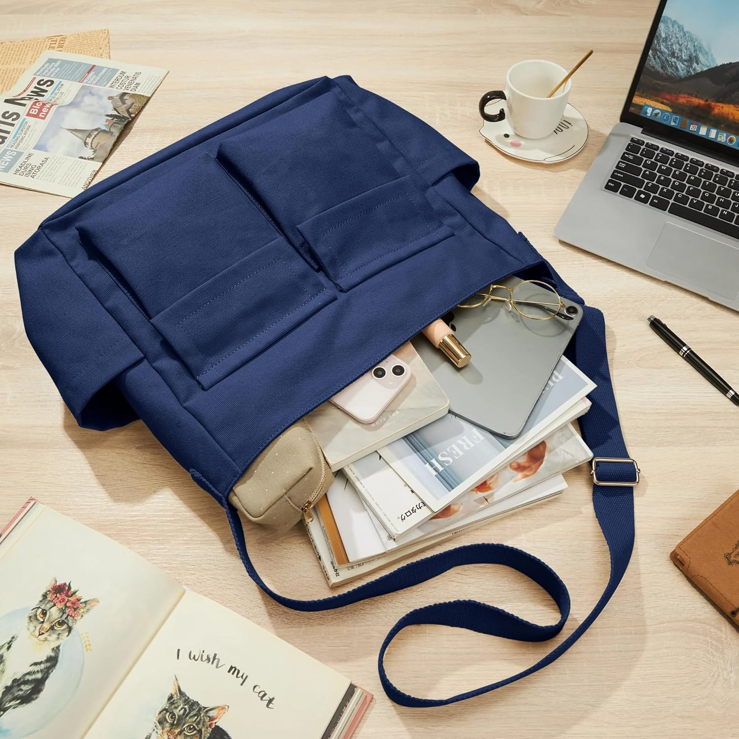 KALIDI Canvas Tote Bag Messenger Bag, Large Crossbody Bag for Women or Men, Casual Canvas Shoulder Bag for College Work Daily