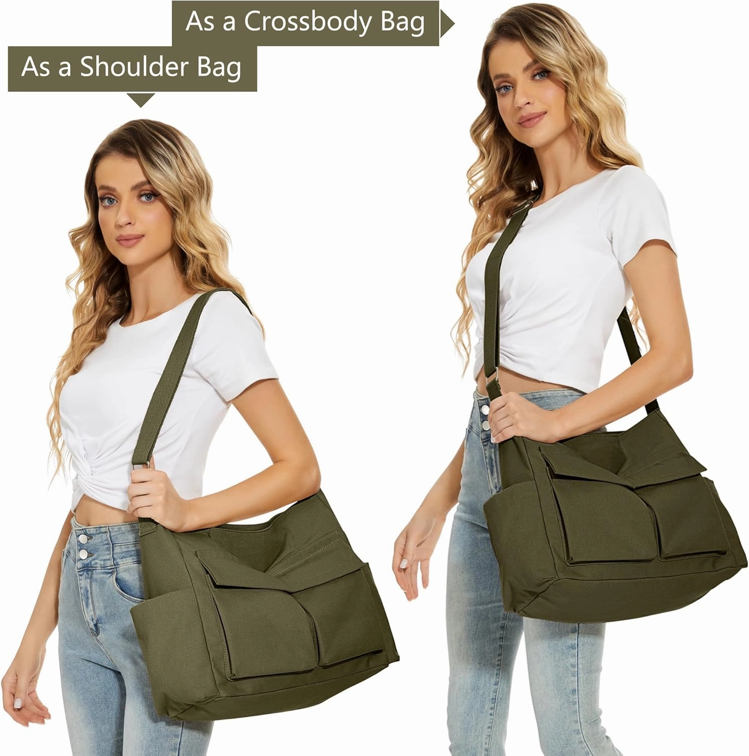 KALIDI Canvas Tote Bag Messenger Bag, Large Crossbody Bag for Women or Men, Casual Canvas Shoulder Bag for College Work Daily