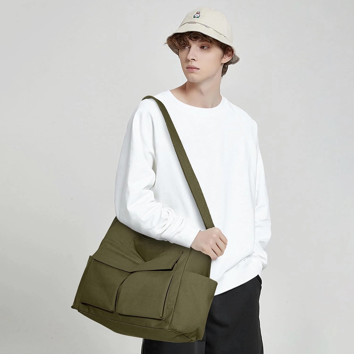 KALIDI Canvas Tote Bag Messenger Bag, Large Crossbody Bag for Women or Men, Casual Canvas Shoulder Bag for College Work Daily