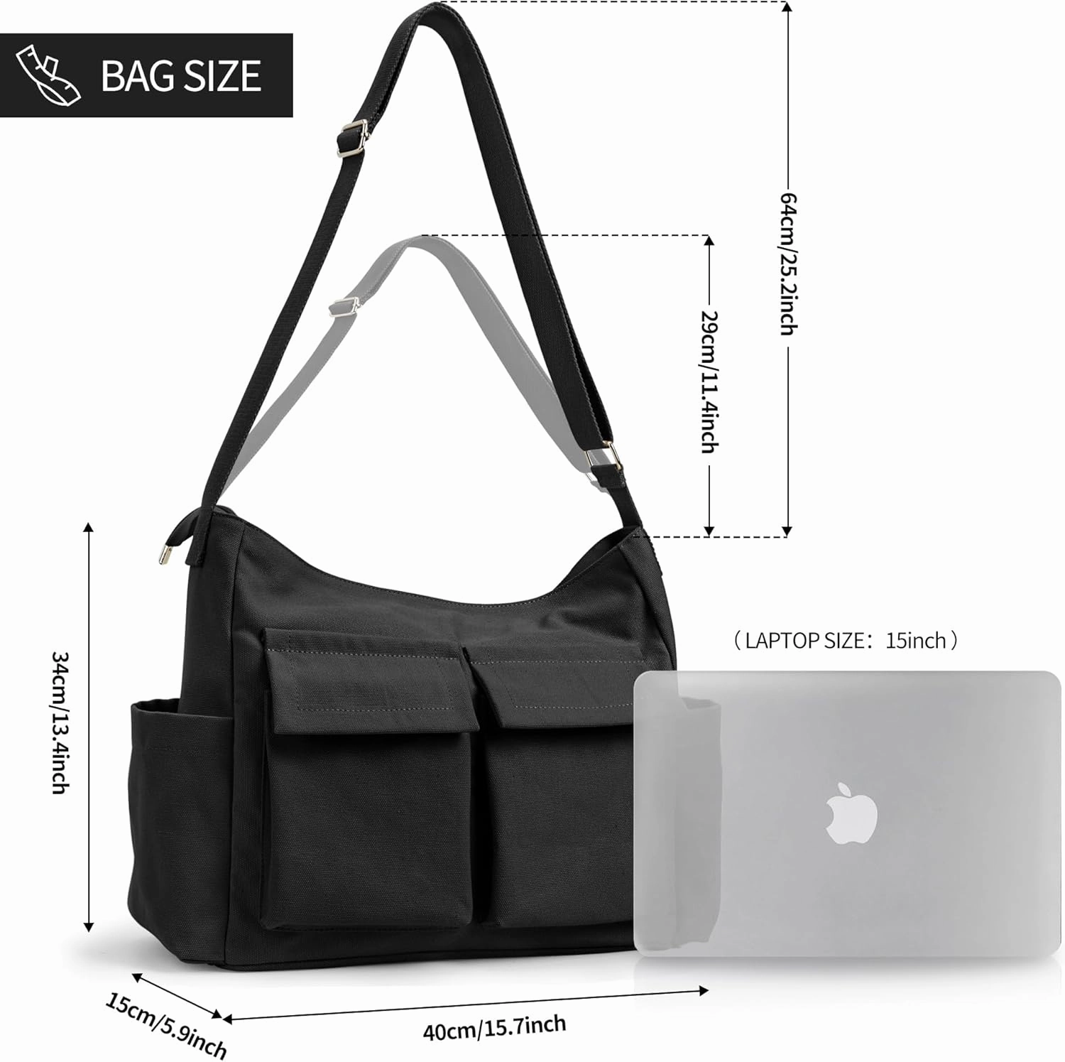 KALIDI Canvas Tote Bag Messenger Bag, Large Crossbody Bag for Women or Men, Casual Canvas Shoulder Bag for College Work Daily