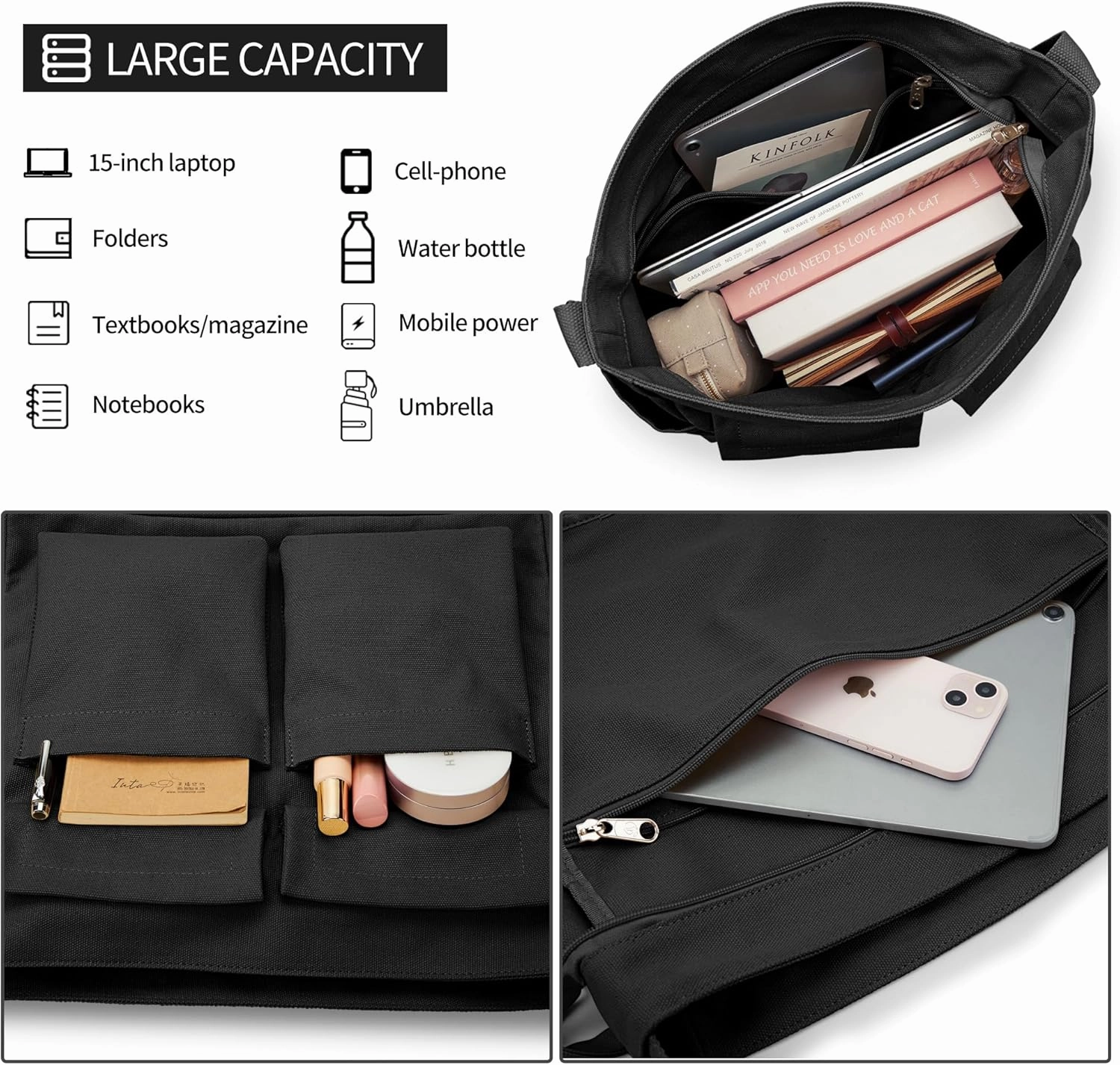 KALIDI Canvas Tote Bag Messenger Bag, Large Crossbody Bag for Women or Men, Casual Canvas Shoulder Bag for College Work Daily